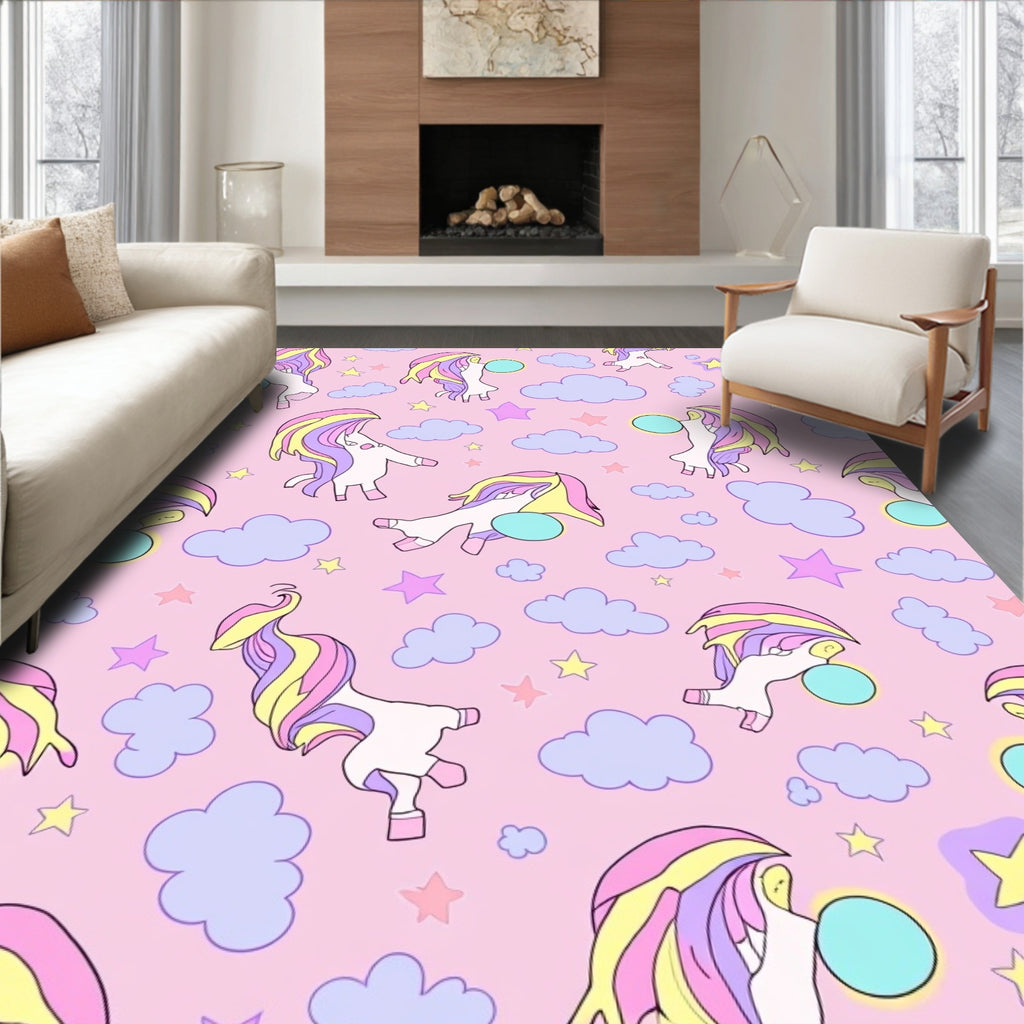 Whimsical Pastel Unicorn Cloud Stars Rug