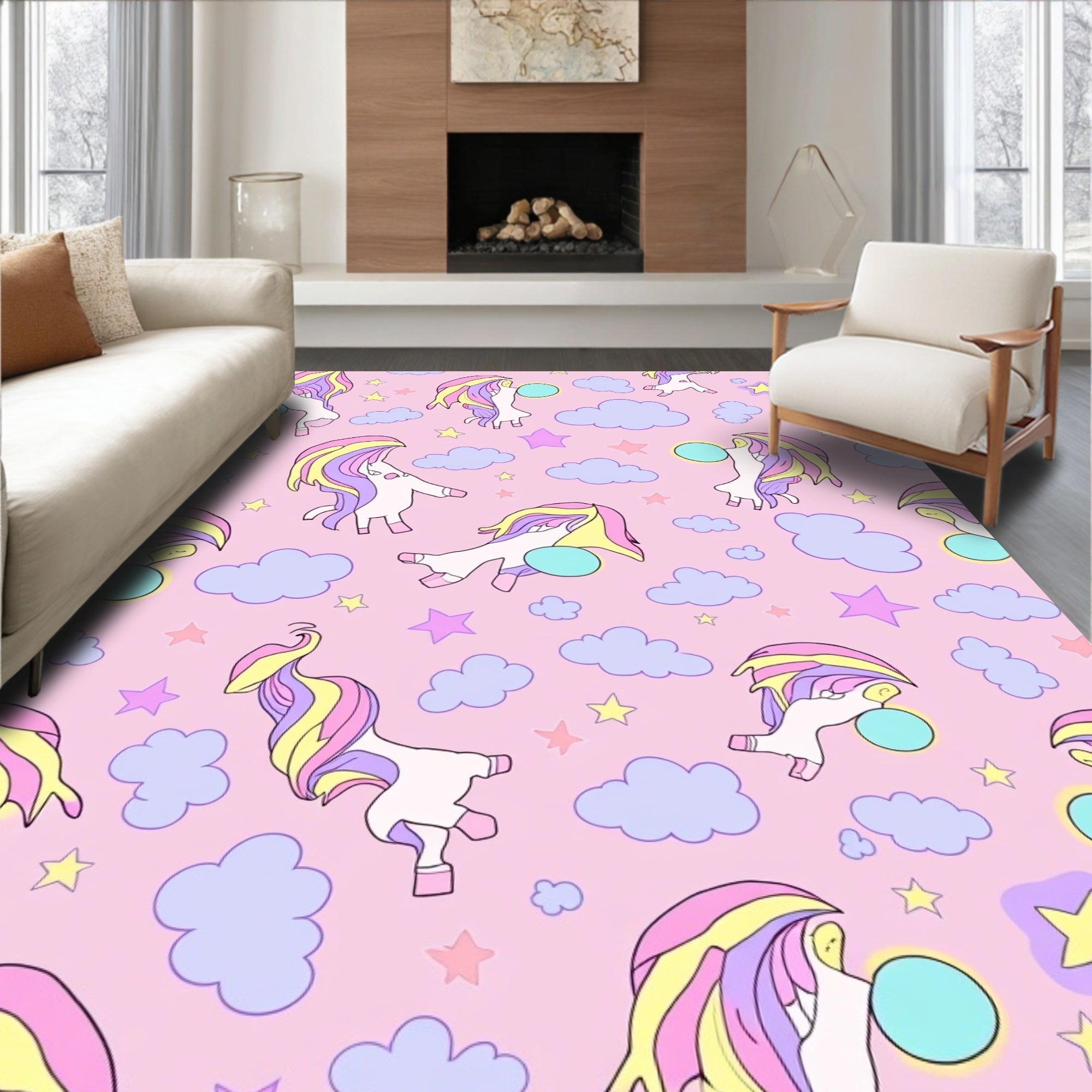 Whimsical Pastel Unicorn Cloud Stars Rug