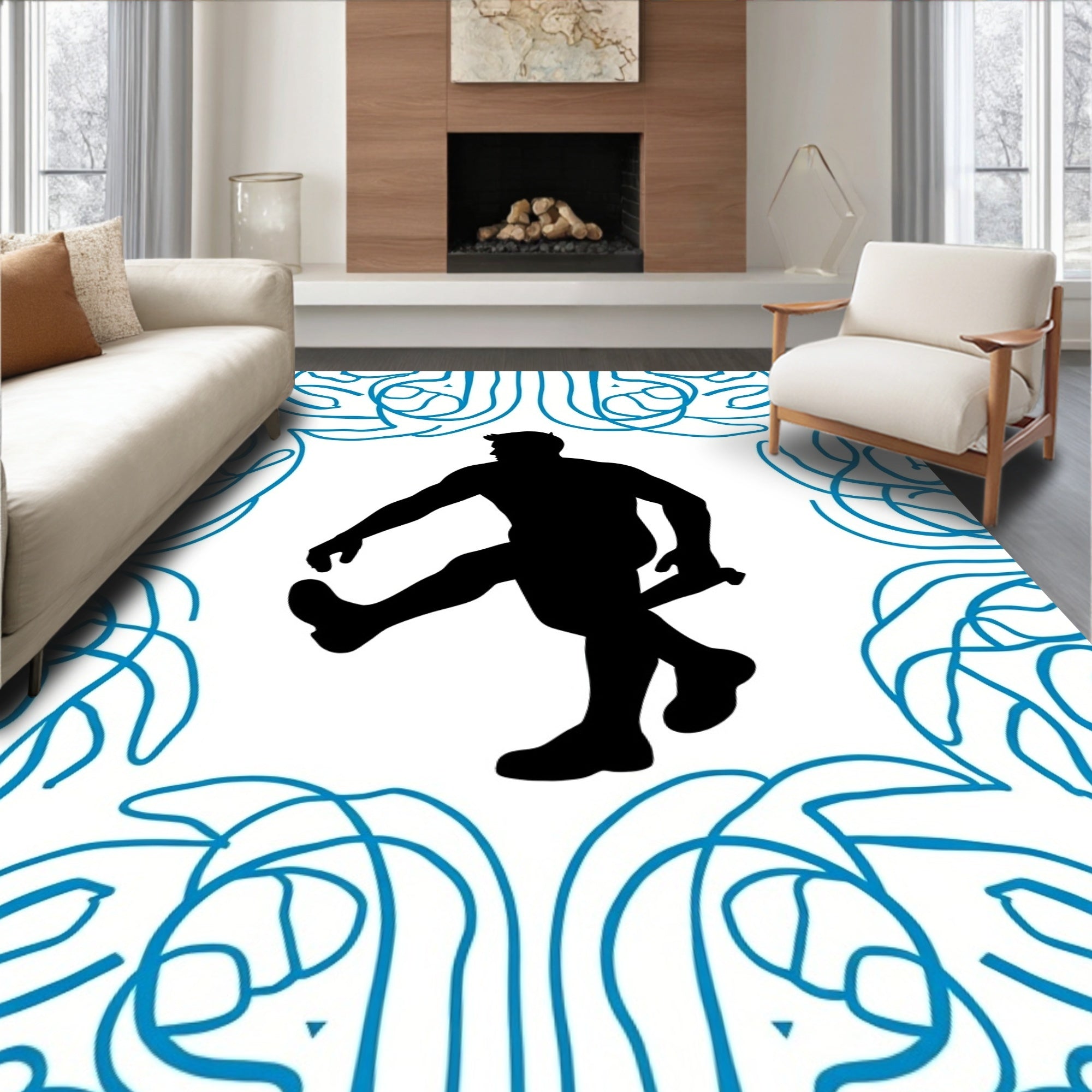 Black Silhouette Figure Blue Swirl Frame Rug