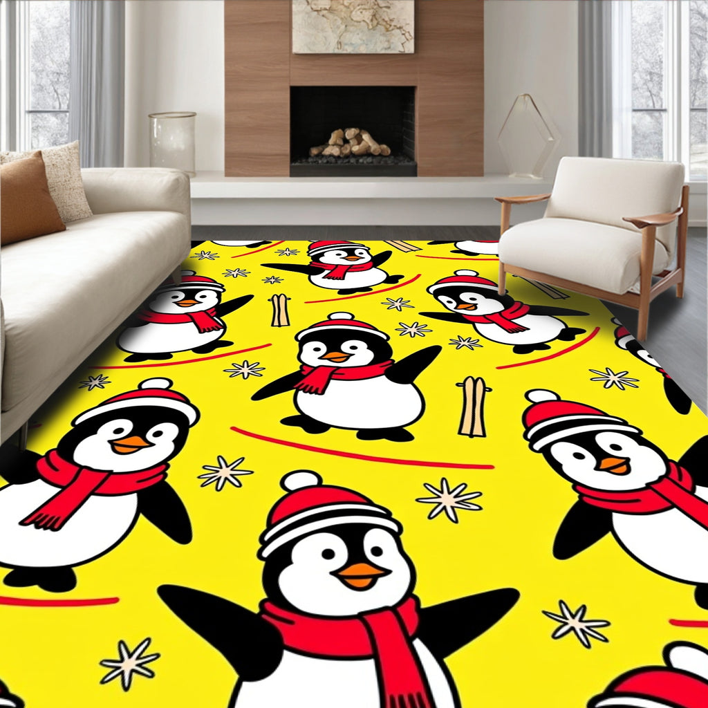 Cute Skiing Penguin Whimsical Yellow Rug