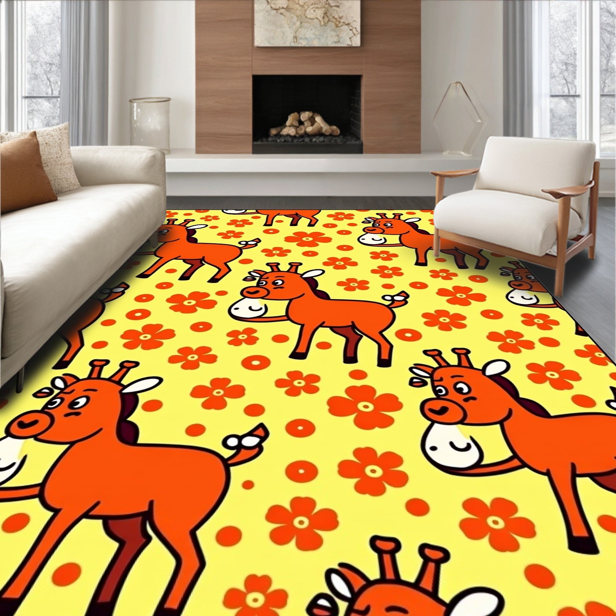 Cute Orange Giraffe Floral Meadow Rug