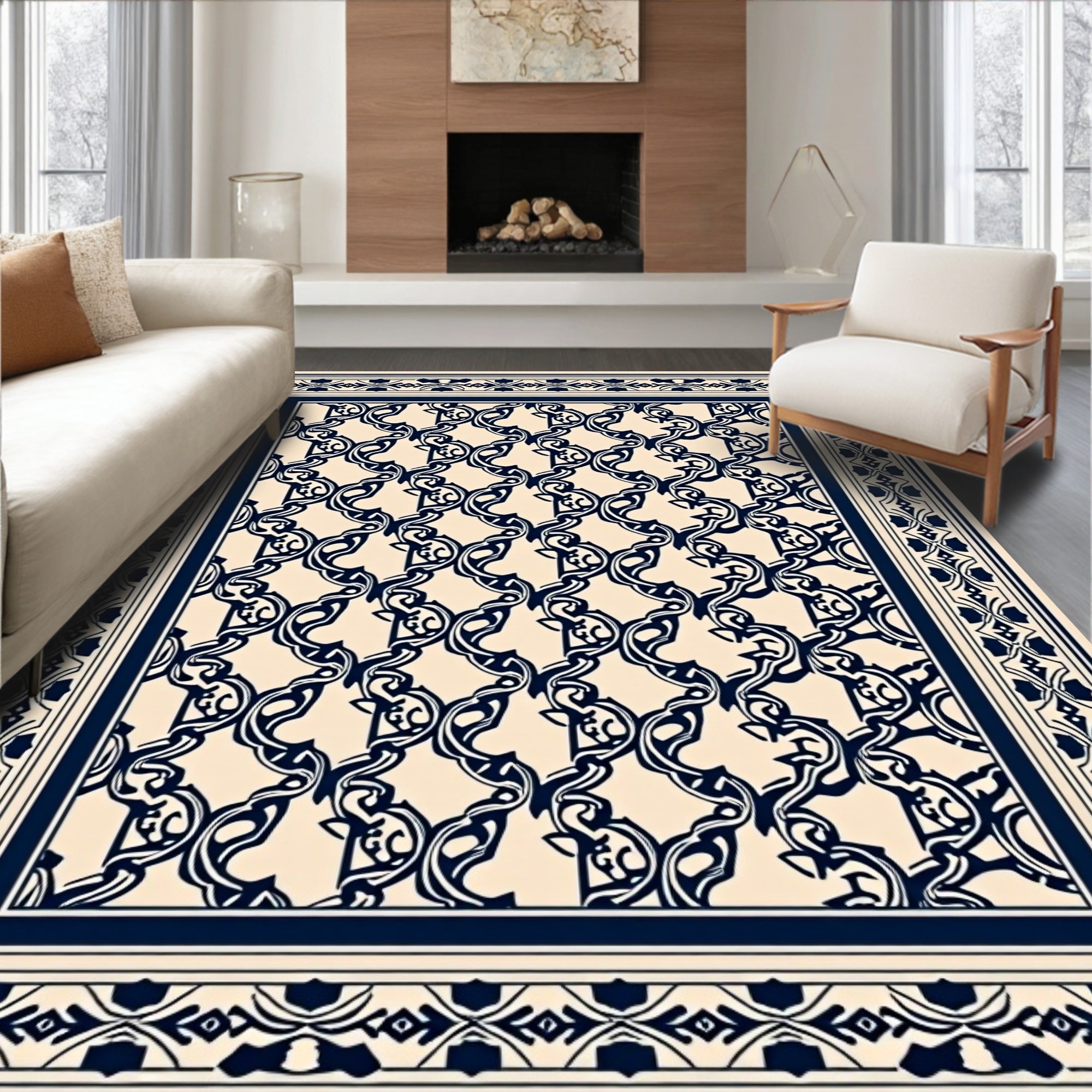 Ornate Cream Navy Scrollwork Rug