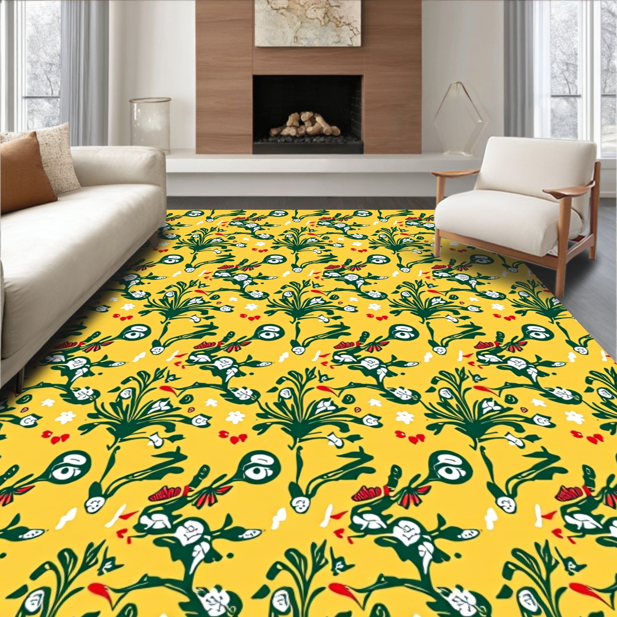 Yellow Green Red Floral Sketch Rug