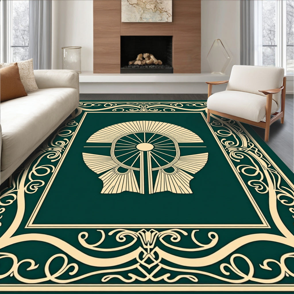 Emerald Green Sunburst Medallion Border Rug