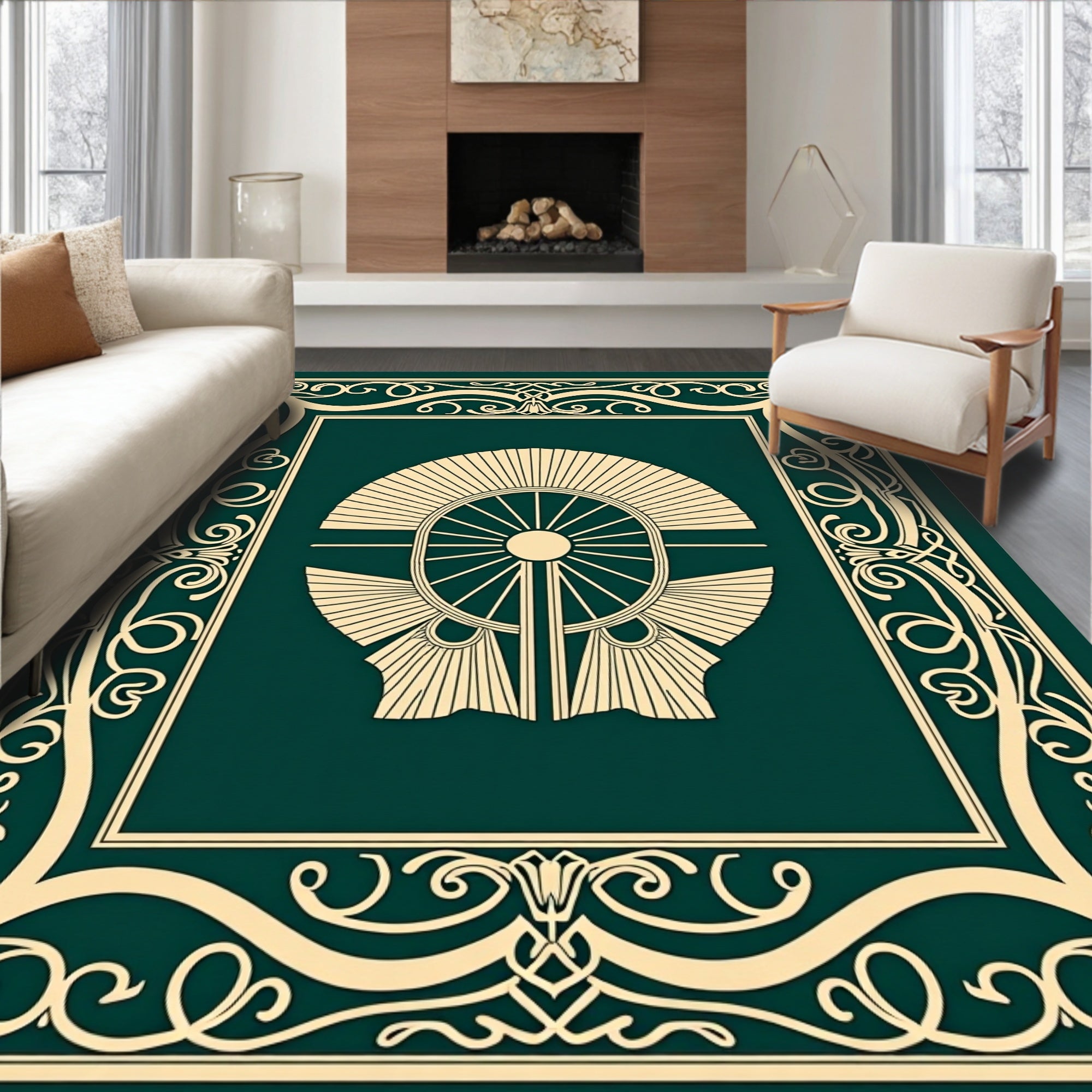 Emerald Green Sunburst Medallion Border Rug
