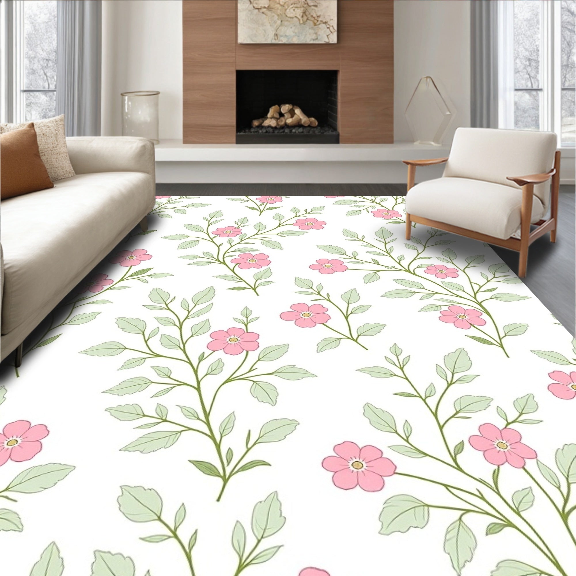 Delicate Pink Floral Botanical Arrangement Rug