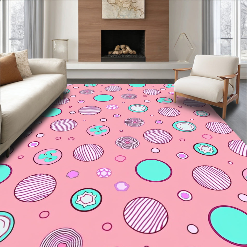 Whimsical Pink Teal Scattered Circles Rug