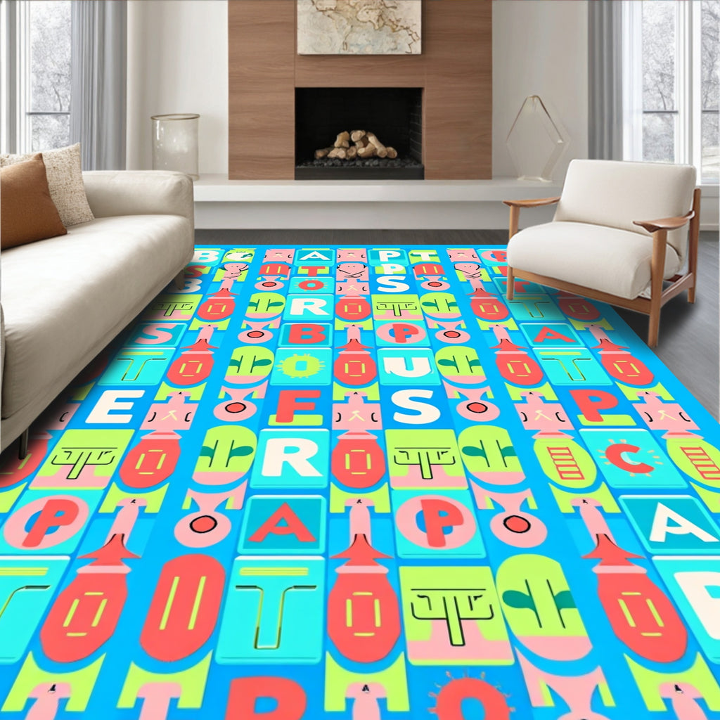 Bold Alphabet Grid Cubes And Faces Rug