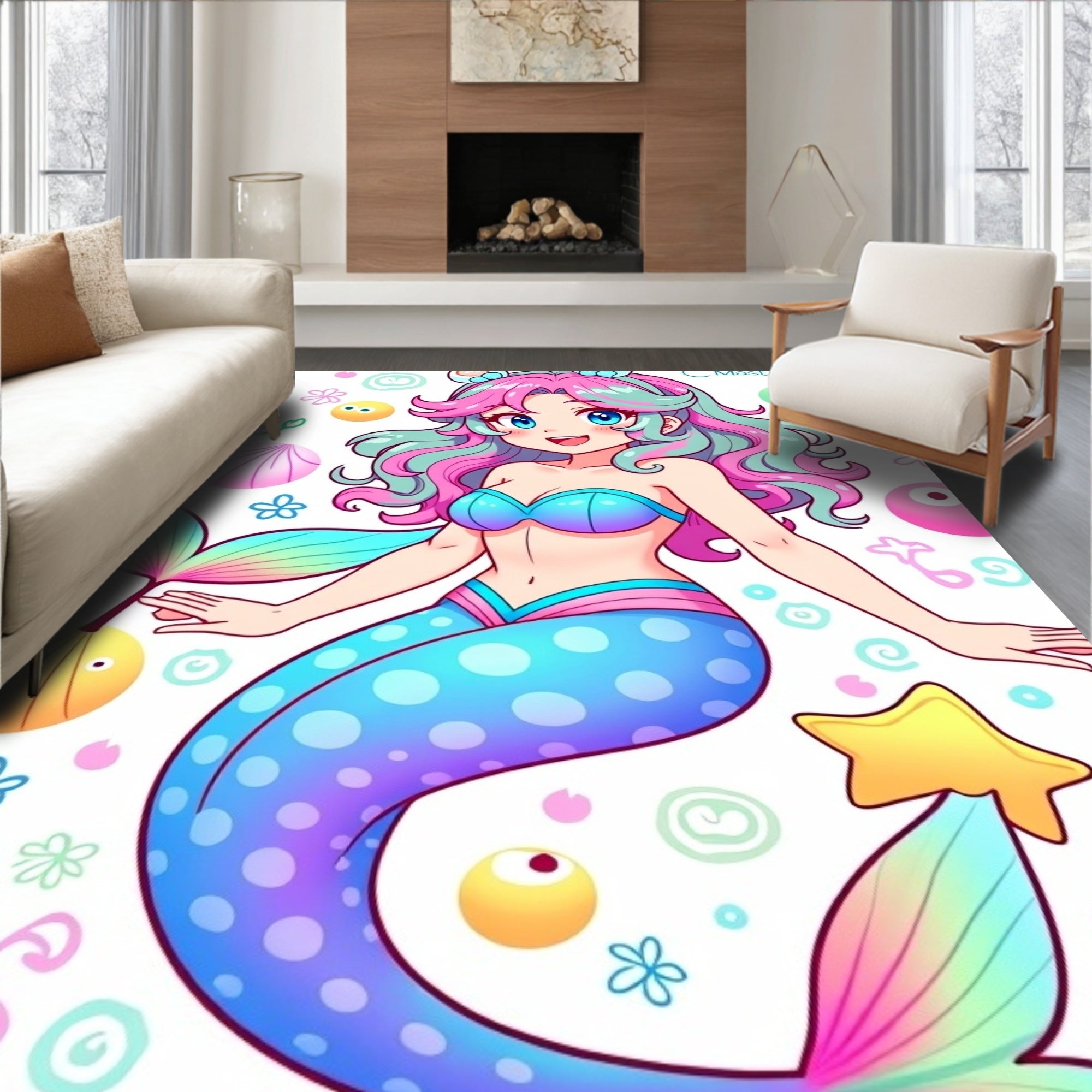 Kawaii Mermaid Rainbow Scales Bubbles Rug
