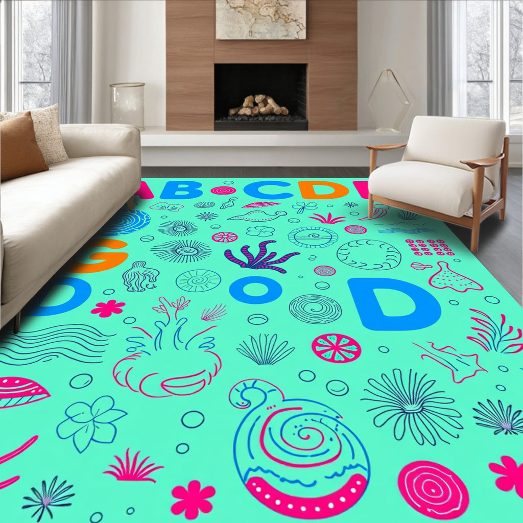 Teal Pink Blue Ocean Alphabet Collage Rug