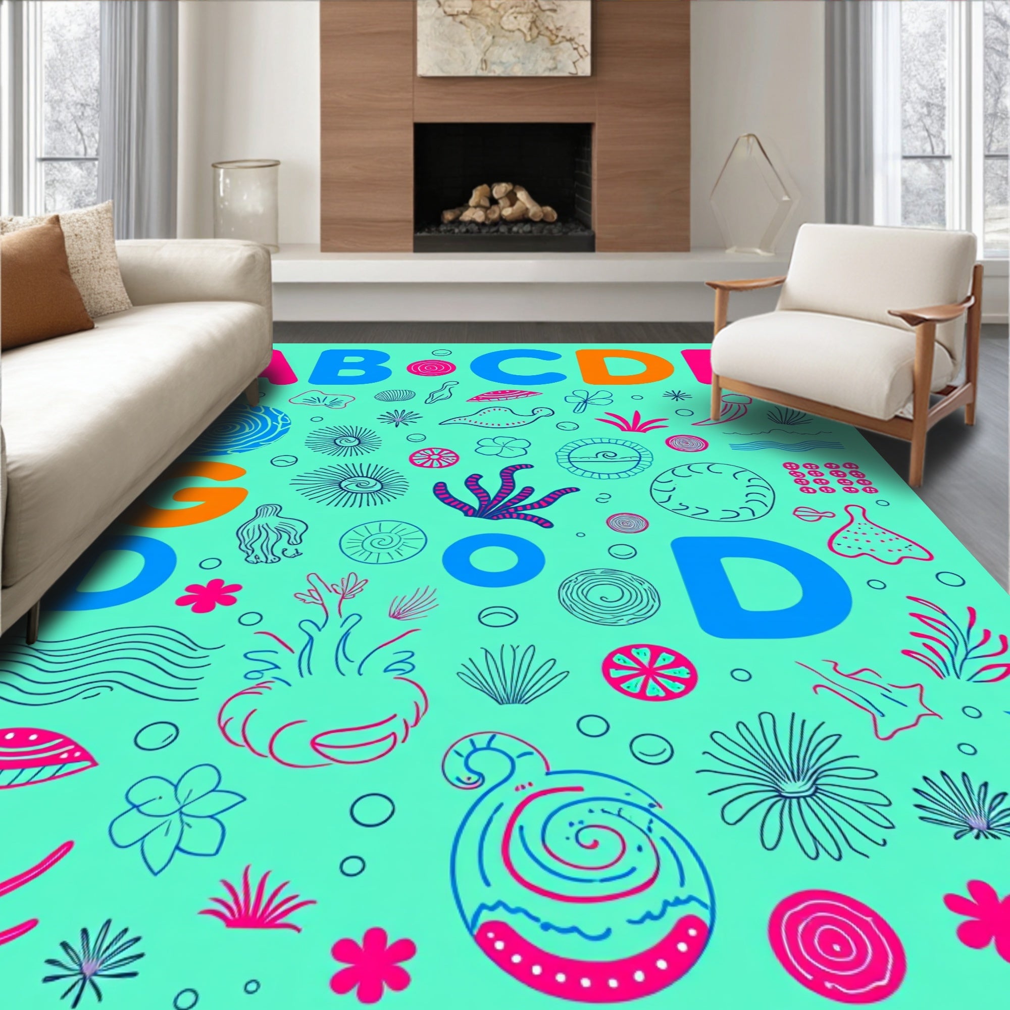 Teal Pink Blue Ocean Alphabet Collage Rug