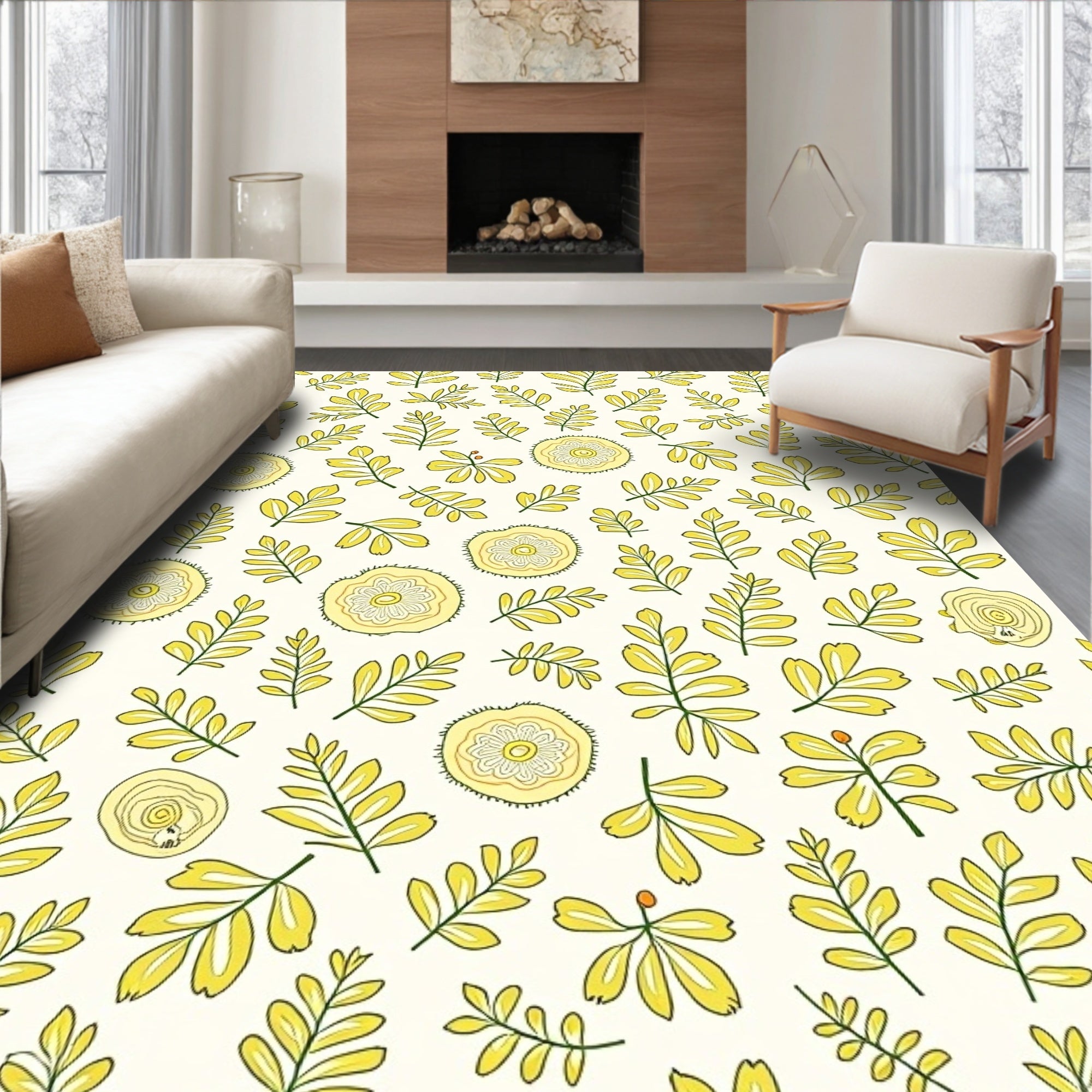 Yellow Leafy Branches Floral Medallion Rug
