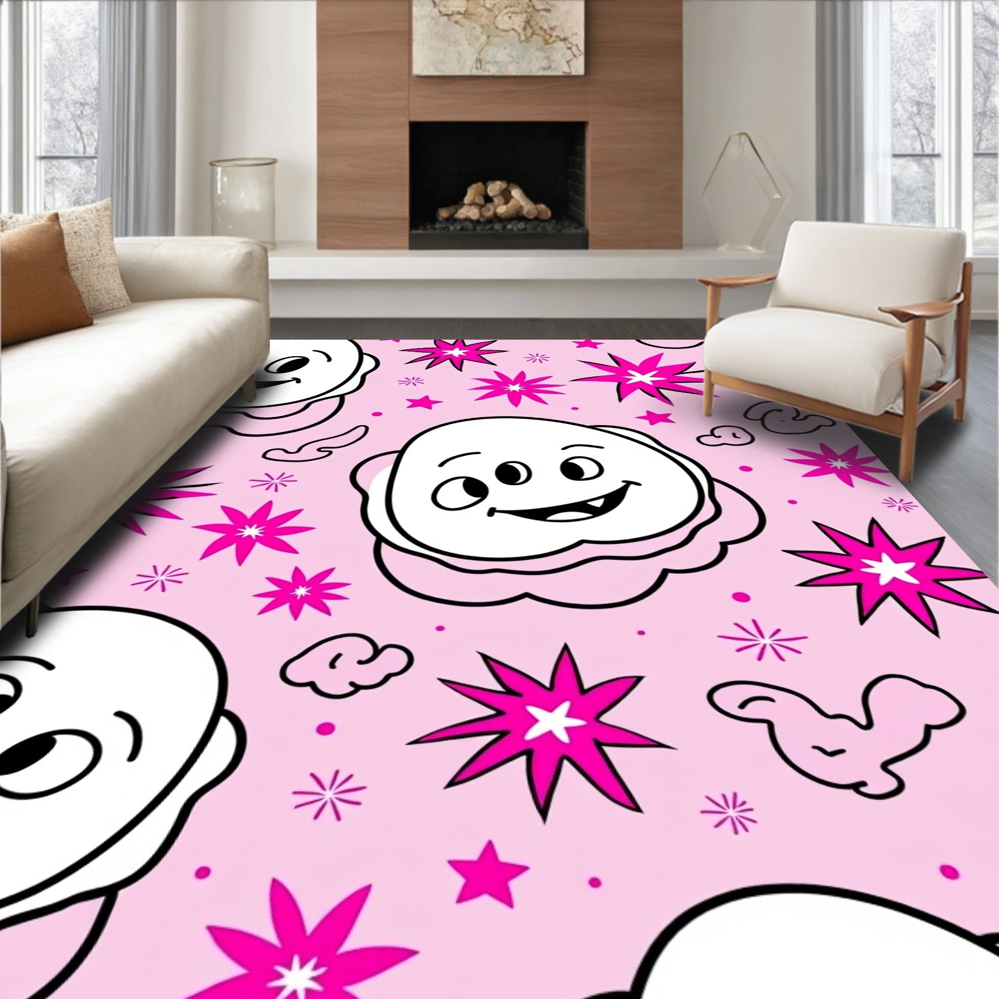 Playful Pink Animated Starburst Character Rug