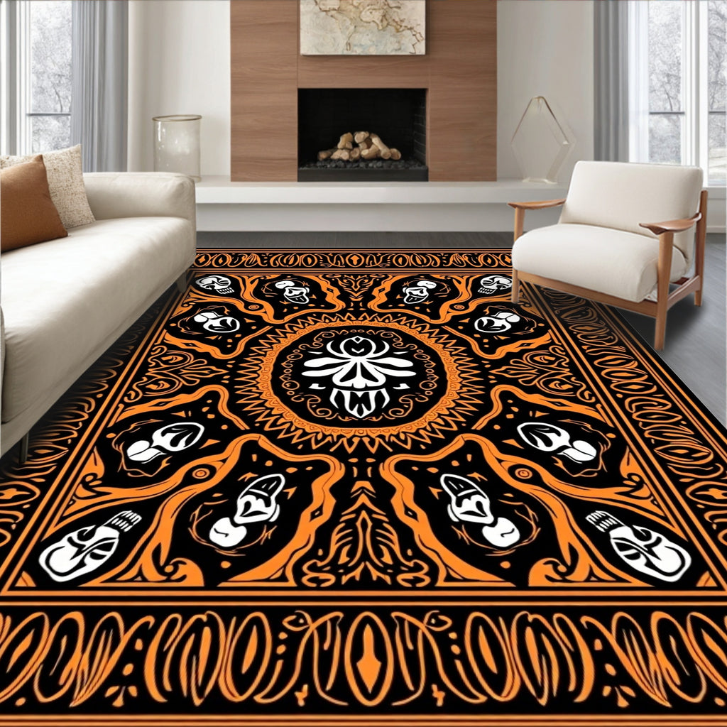 Bold Orange Skull Mandala Rug