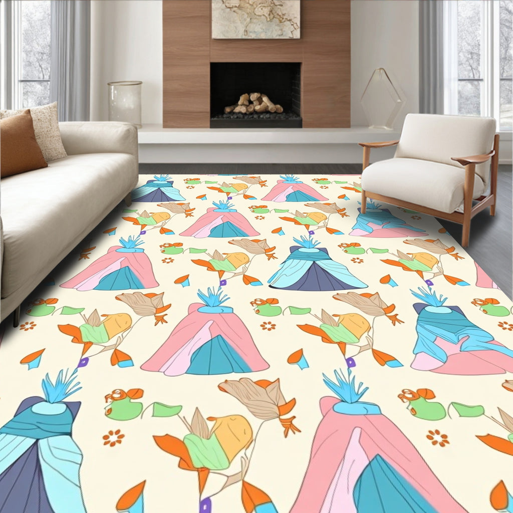 Pink Blue Teal Tent Floral Motif Rug
