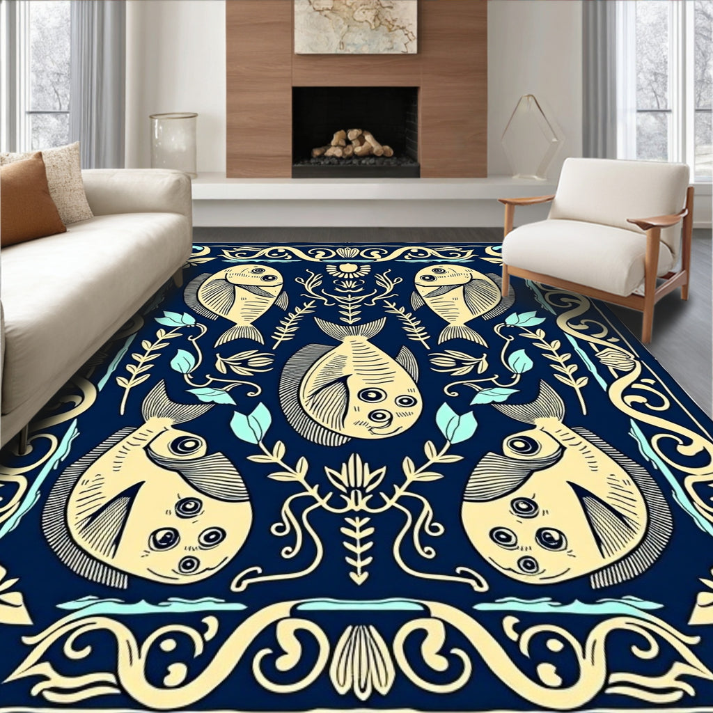 Naval Blue Cream Five Fish Motif Rug