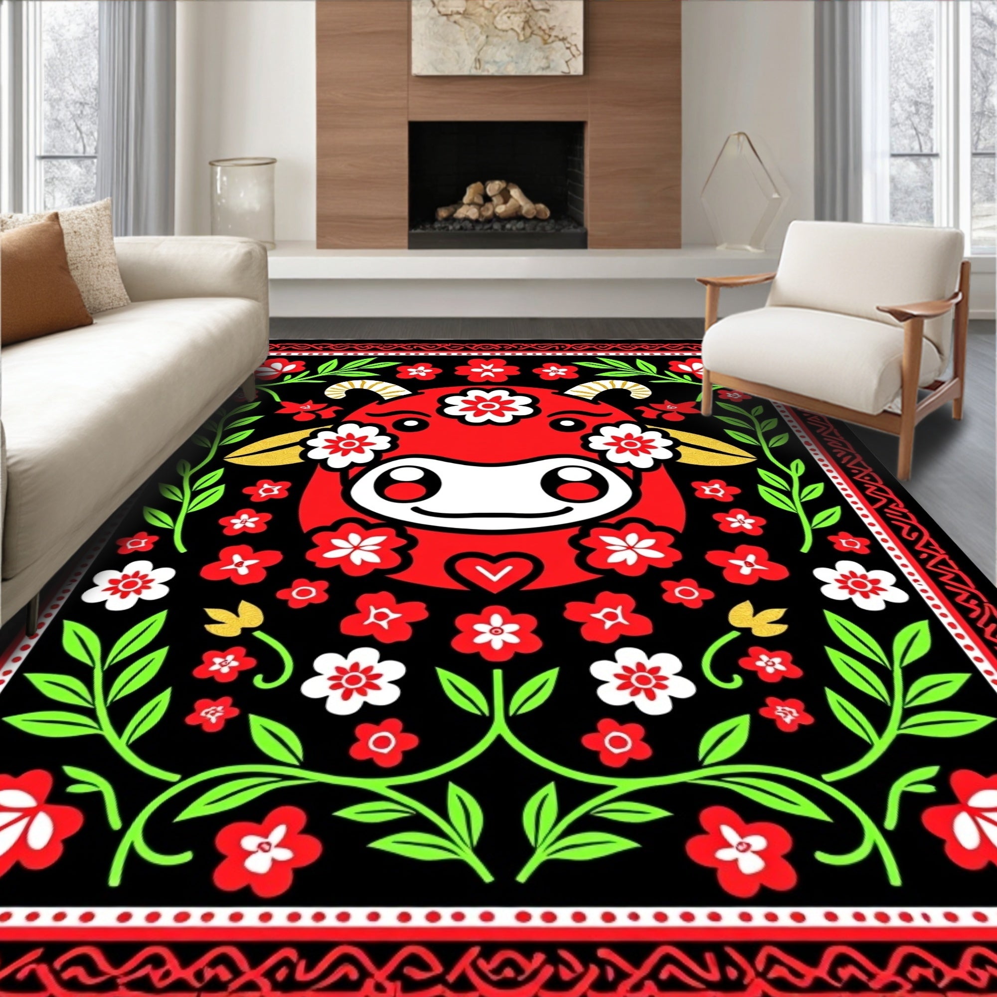 Whimsical Red Cow Floral Folk Rug