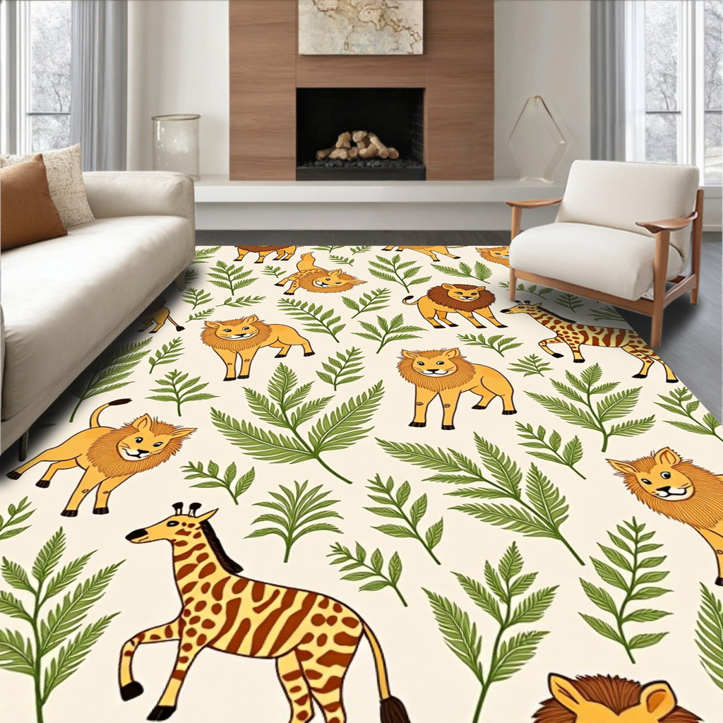 Playful Lions Giraffes Green Foliage Rug