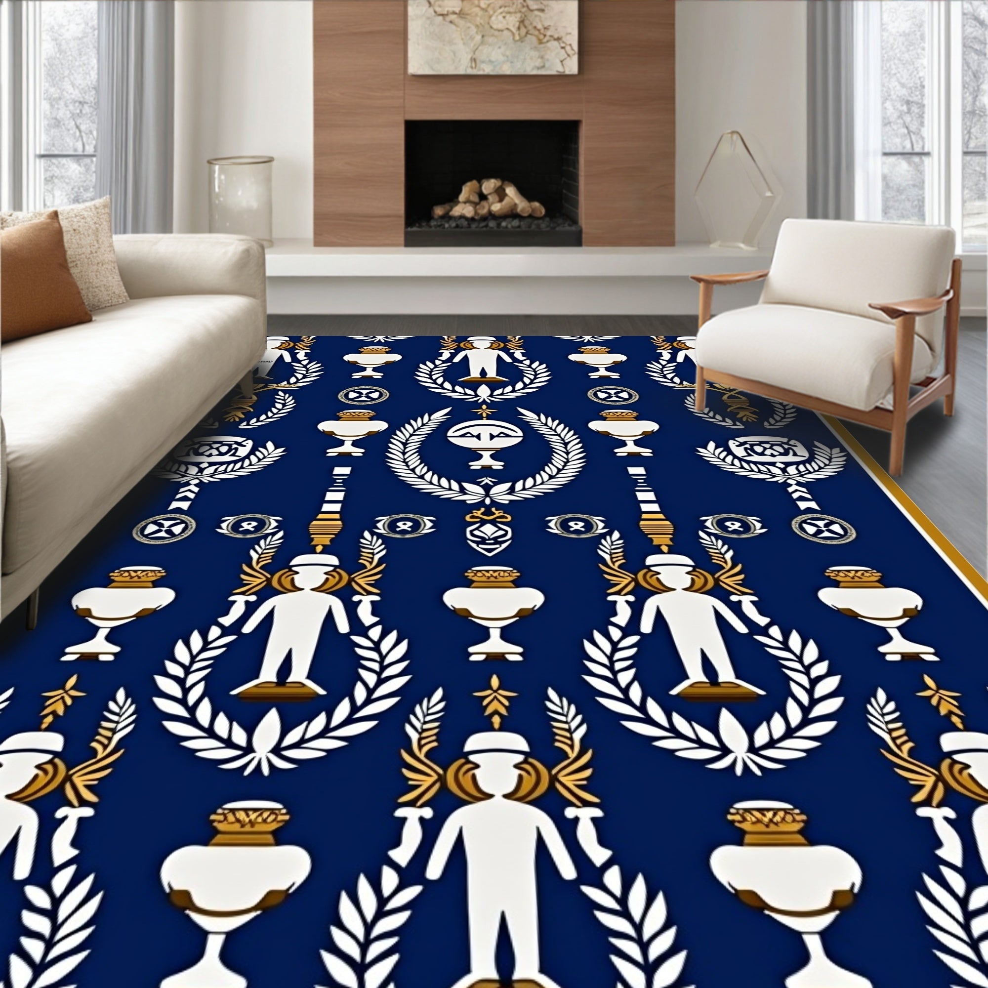 Ornate Navy White Gold Figures Laurel Rug