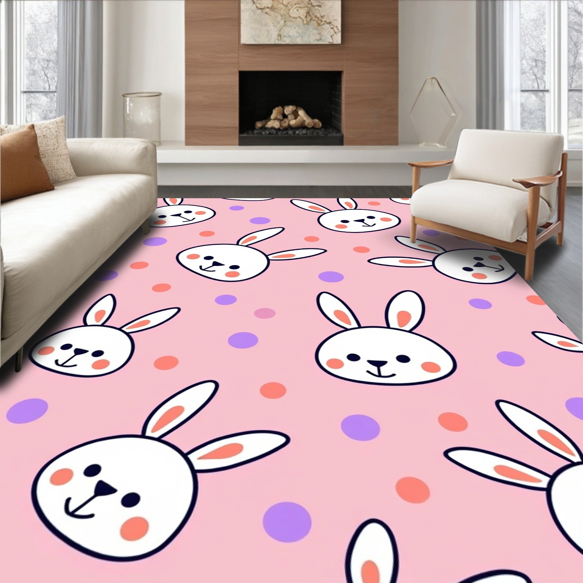 Whimsical Pink Bunny Polka Dot Rug