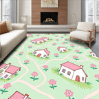 Whimsical Pink Rooftop Houses Floral Ground Rug