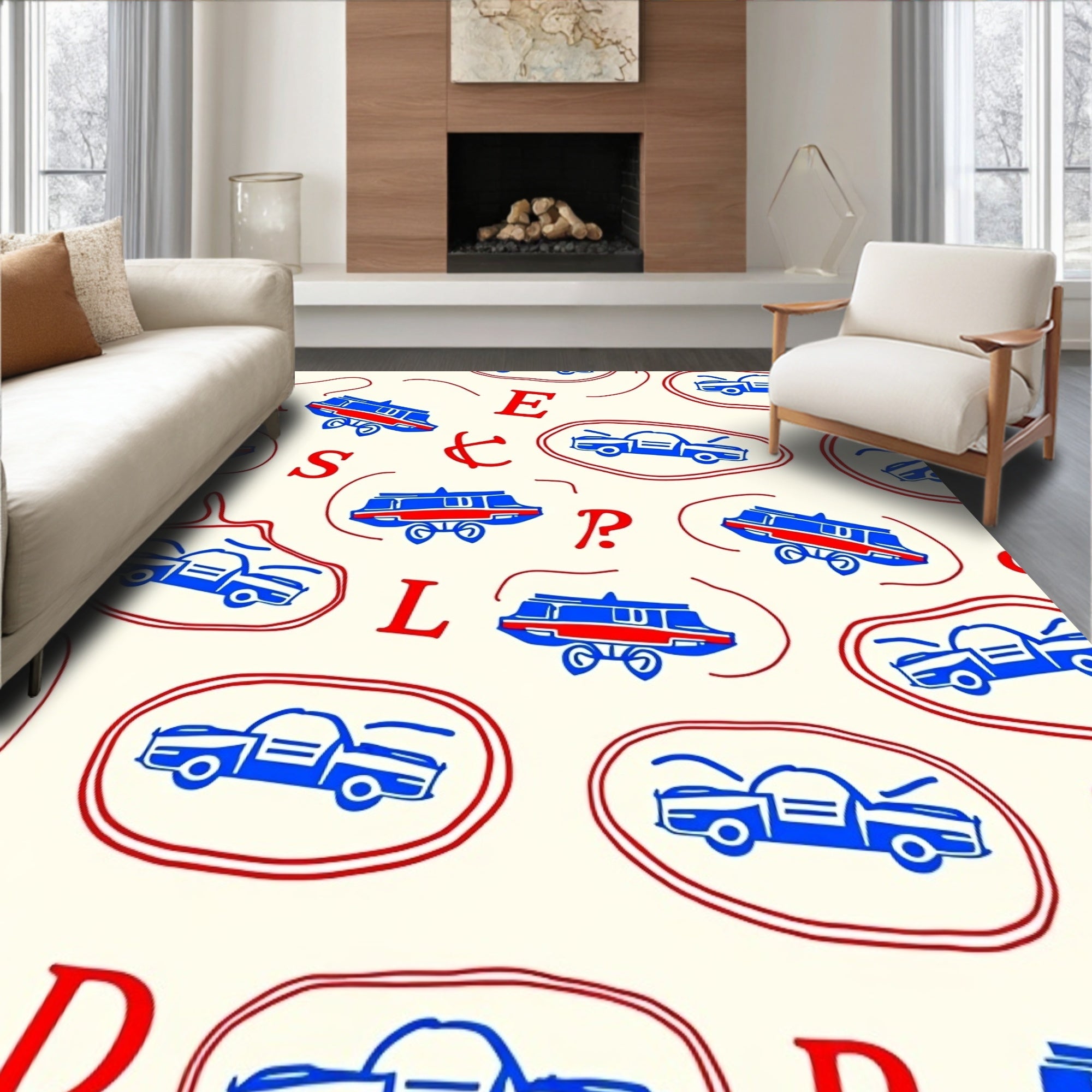 Retro Red Blue Car Alphabet Rug