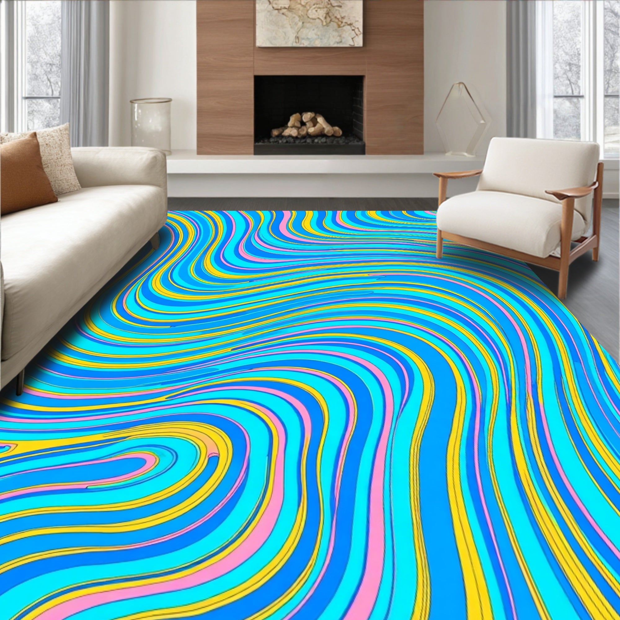 Groovy Aqua Pink Swirl Waves Rug
