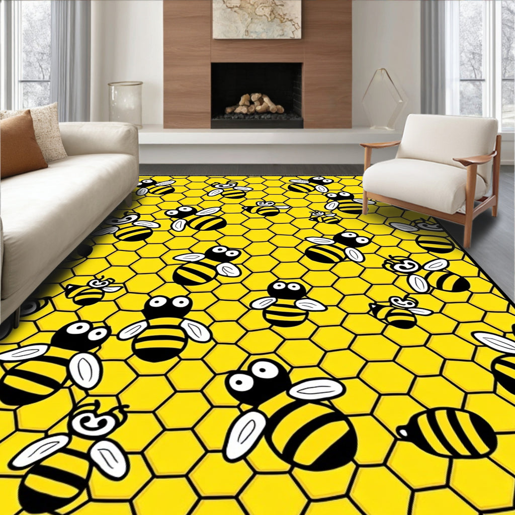Yellow Honeycomb Bees Flying Rug