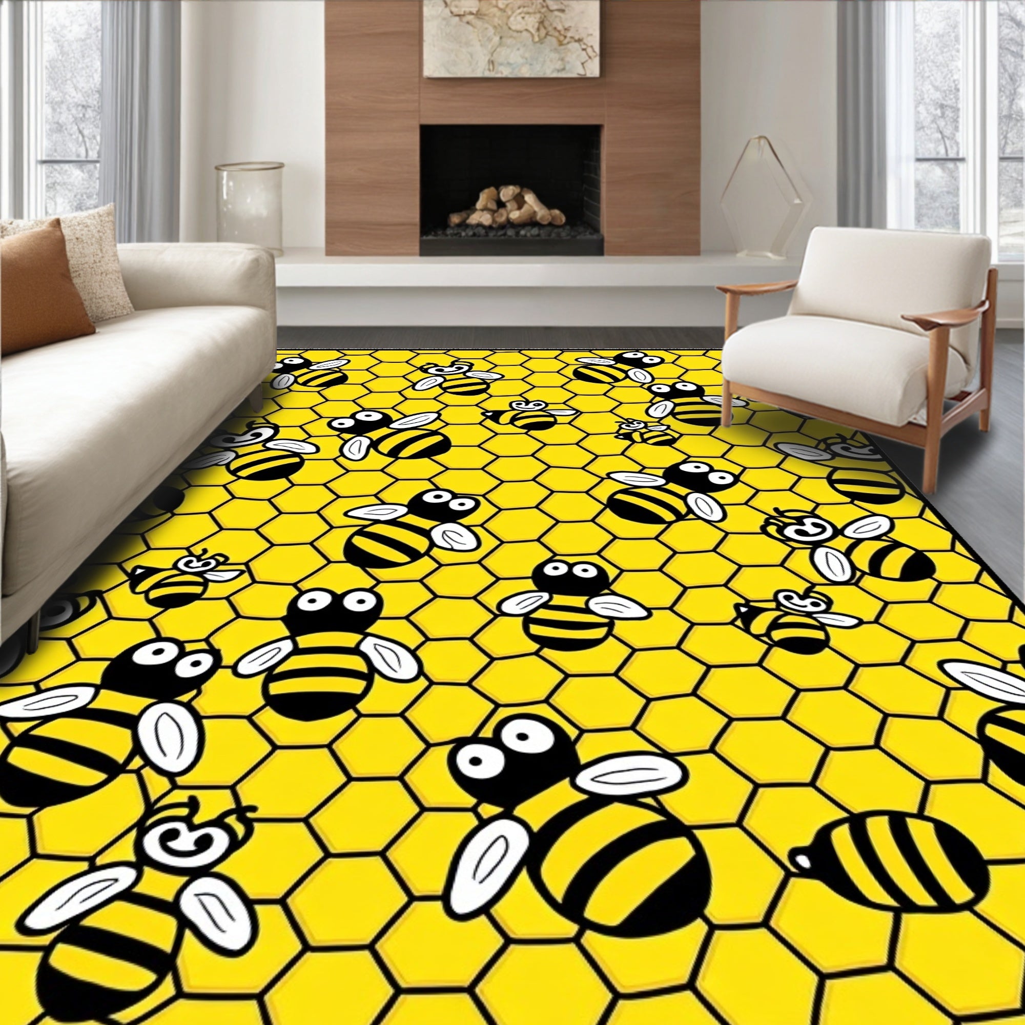 Yellow Honeycomb Bees Flying Rug