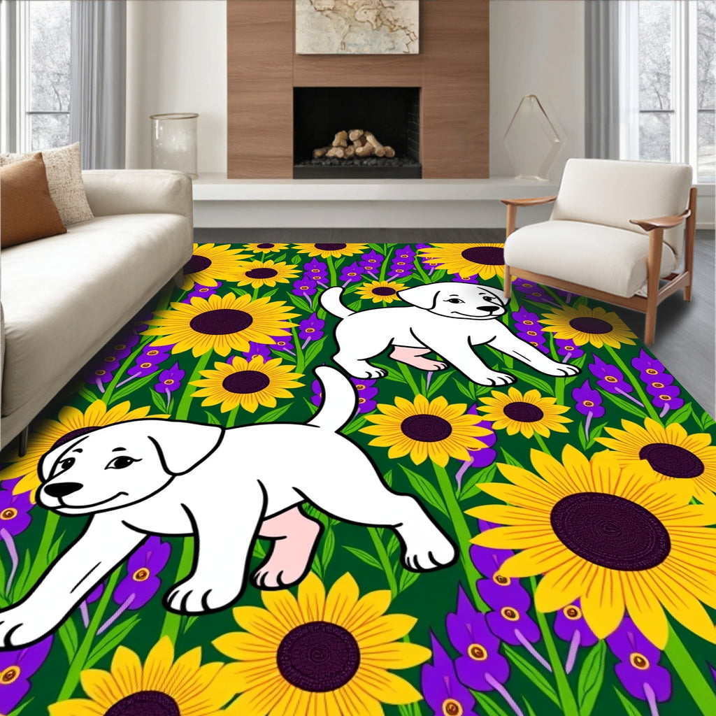 Yellow Sunflowers Purple Lavender Puppies Rug