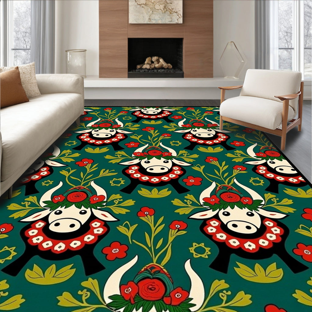 Folk Art Cow Floral Green Cream Rug