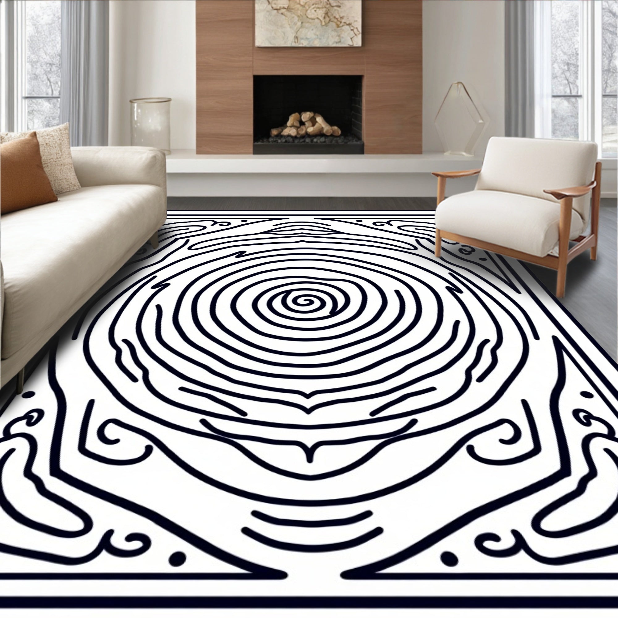 Black Abstract Swirl Wood Grain Rug