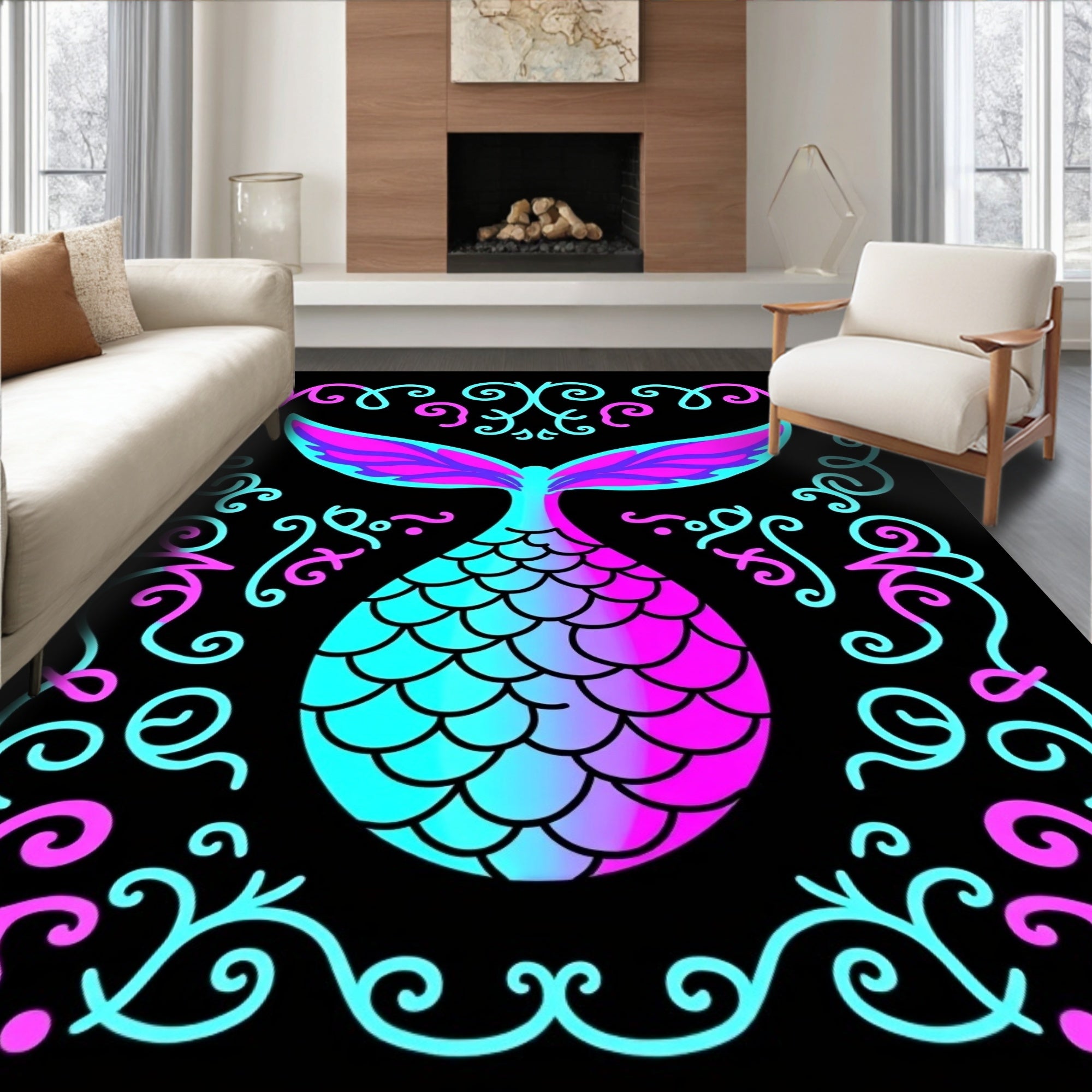 Aqua Pink Mermaid Scales Swirls Rug