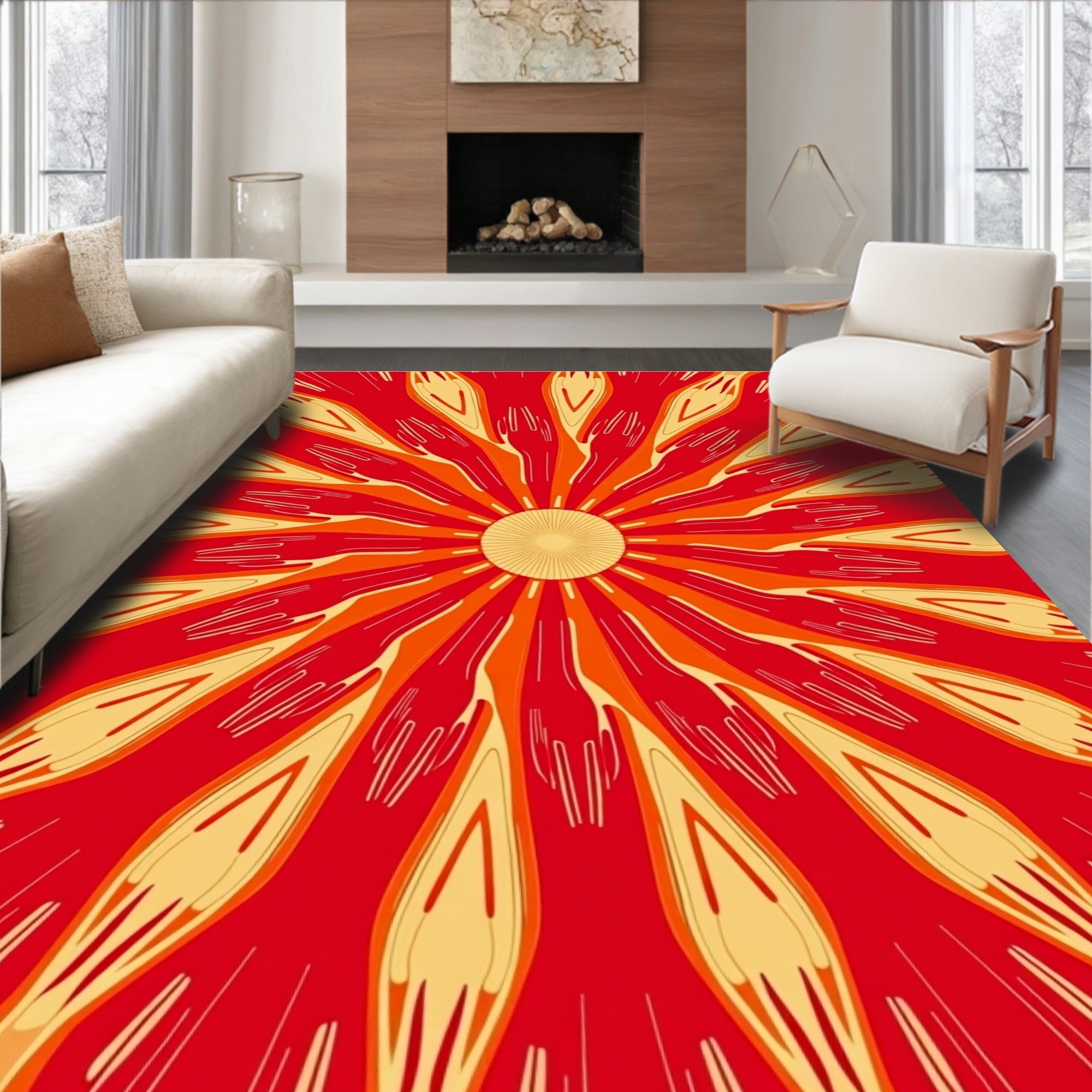 Vibrant Red Flame Sunburst Rug