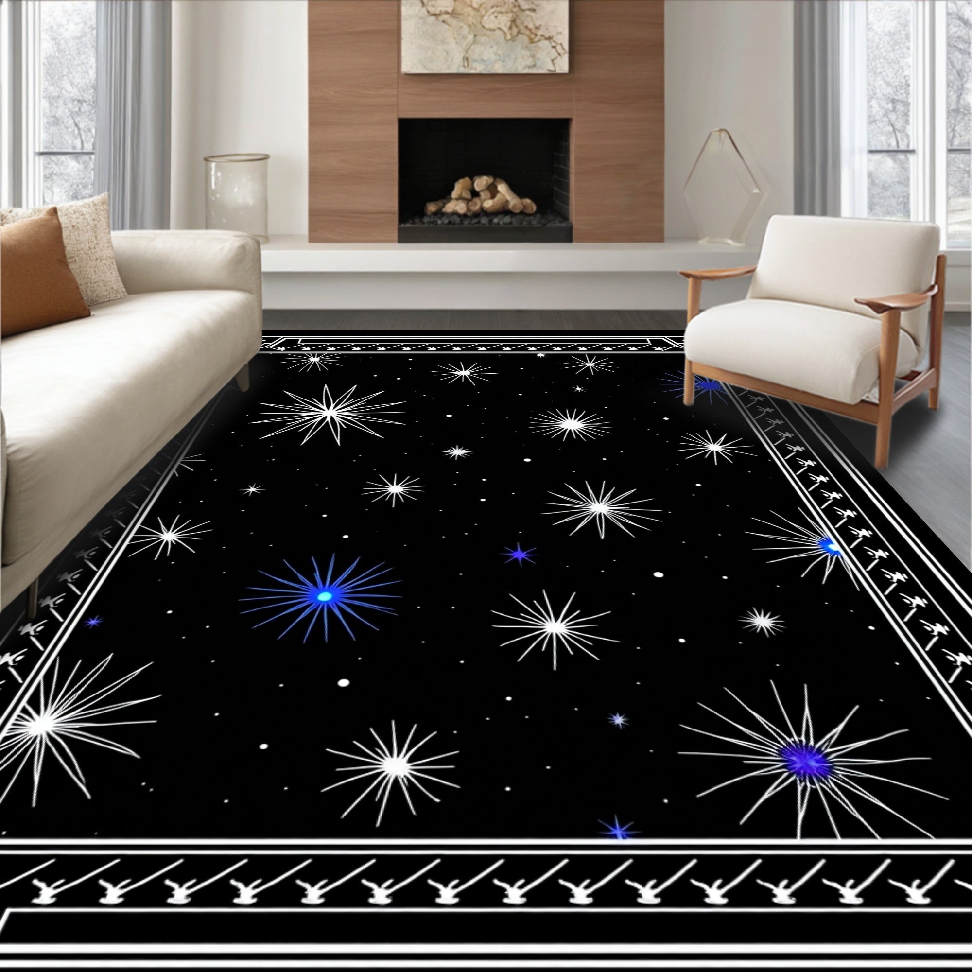 Cosmic Blue Starry Night Border Rug