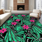 Bold Pink Floral Teal Leaf Black Rug