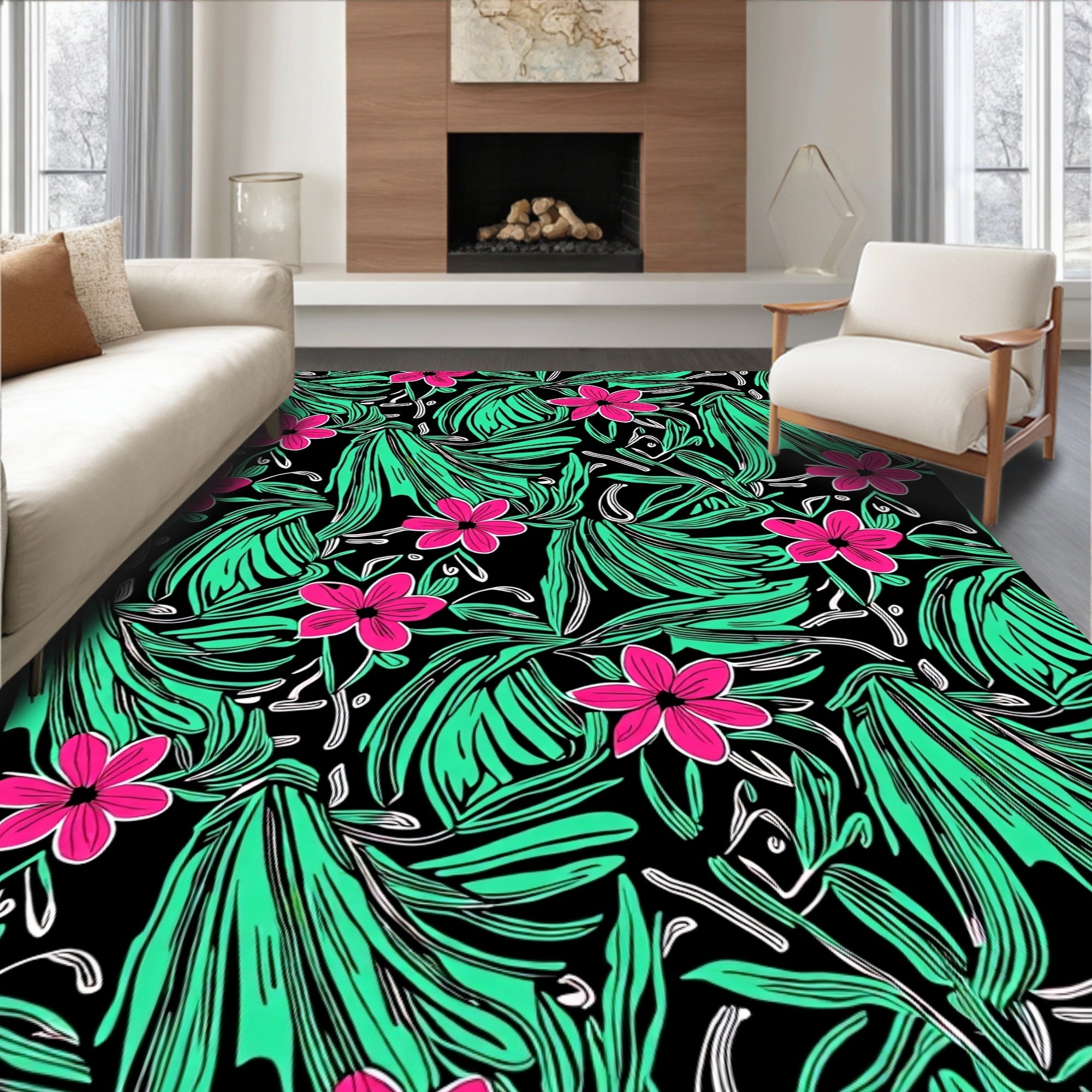 Bold Pink Floral Teal Leaf Black Rug