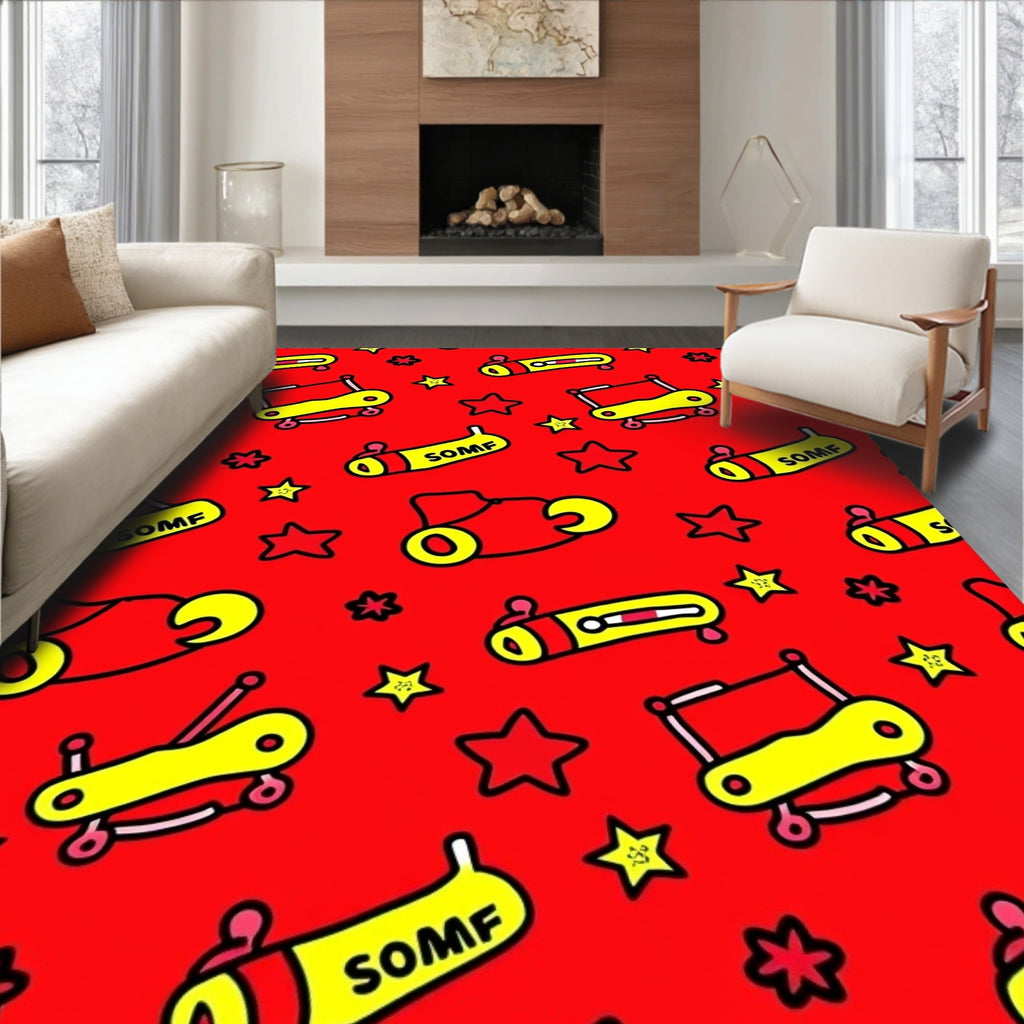 Whimsical Red Yellow Toy Collage Rug