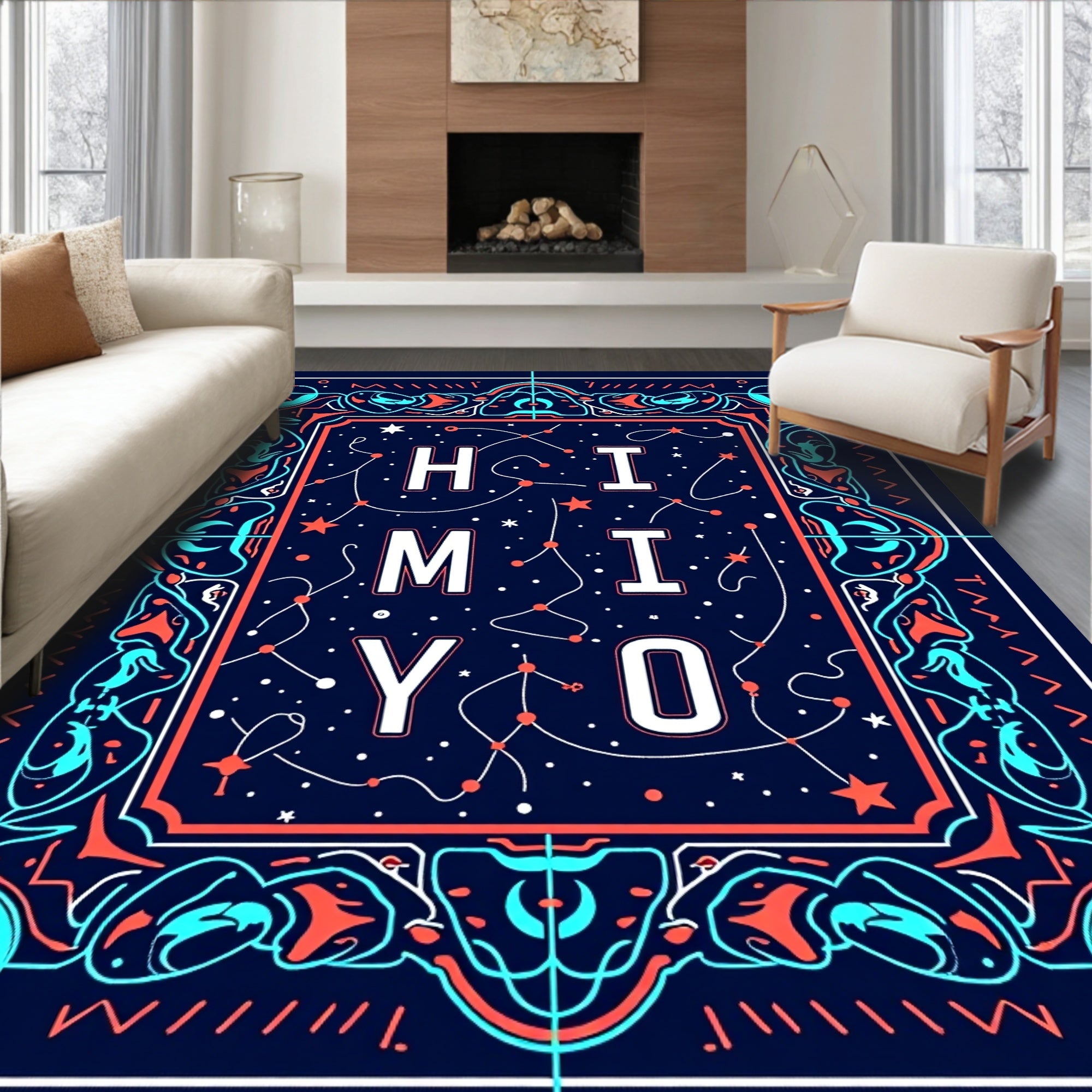 Dark Blue Cosmic Constellation Text Rug