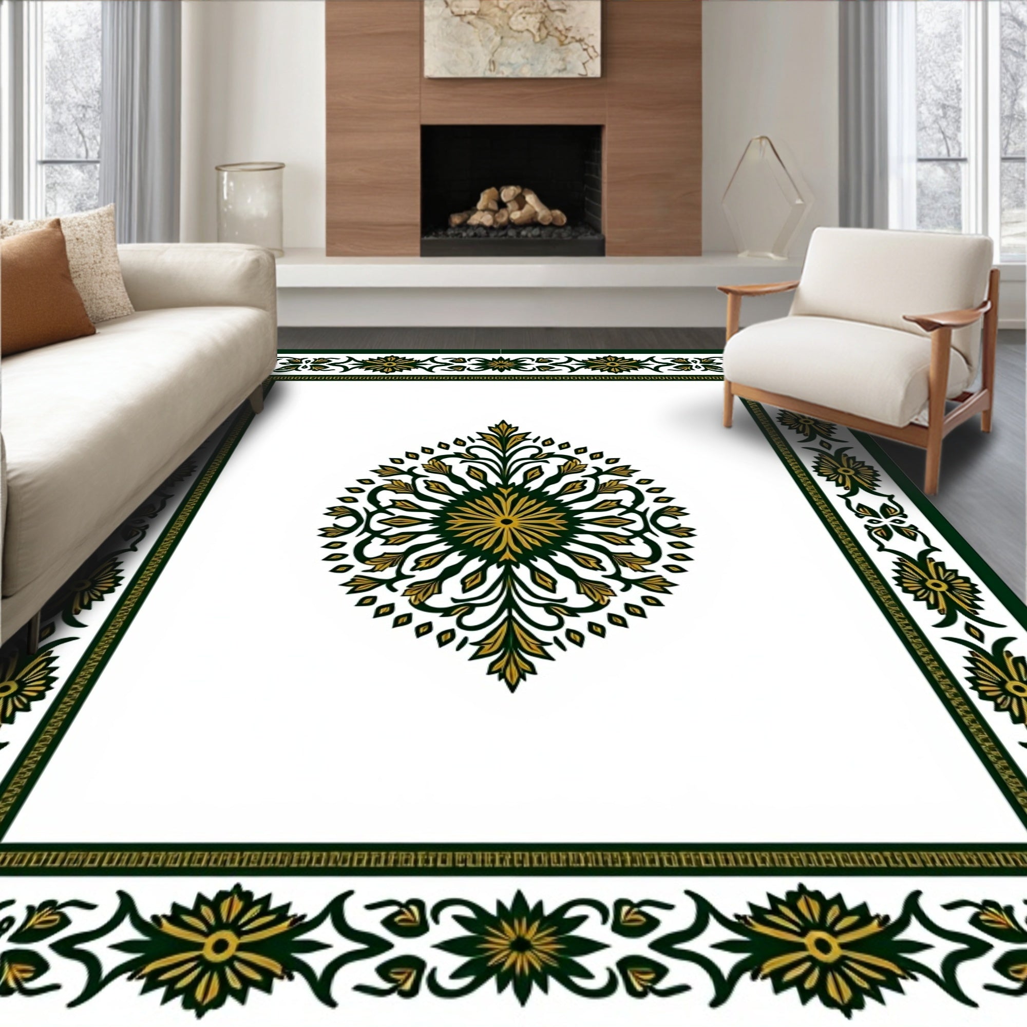 Gold Green Floral Symmetry Border Rug