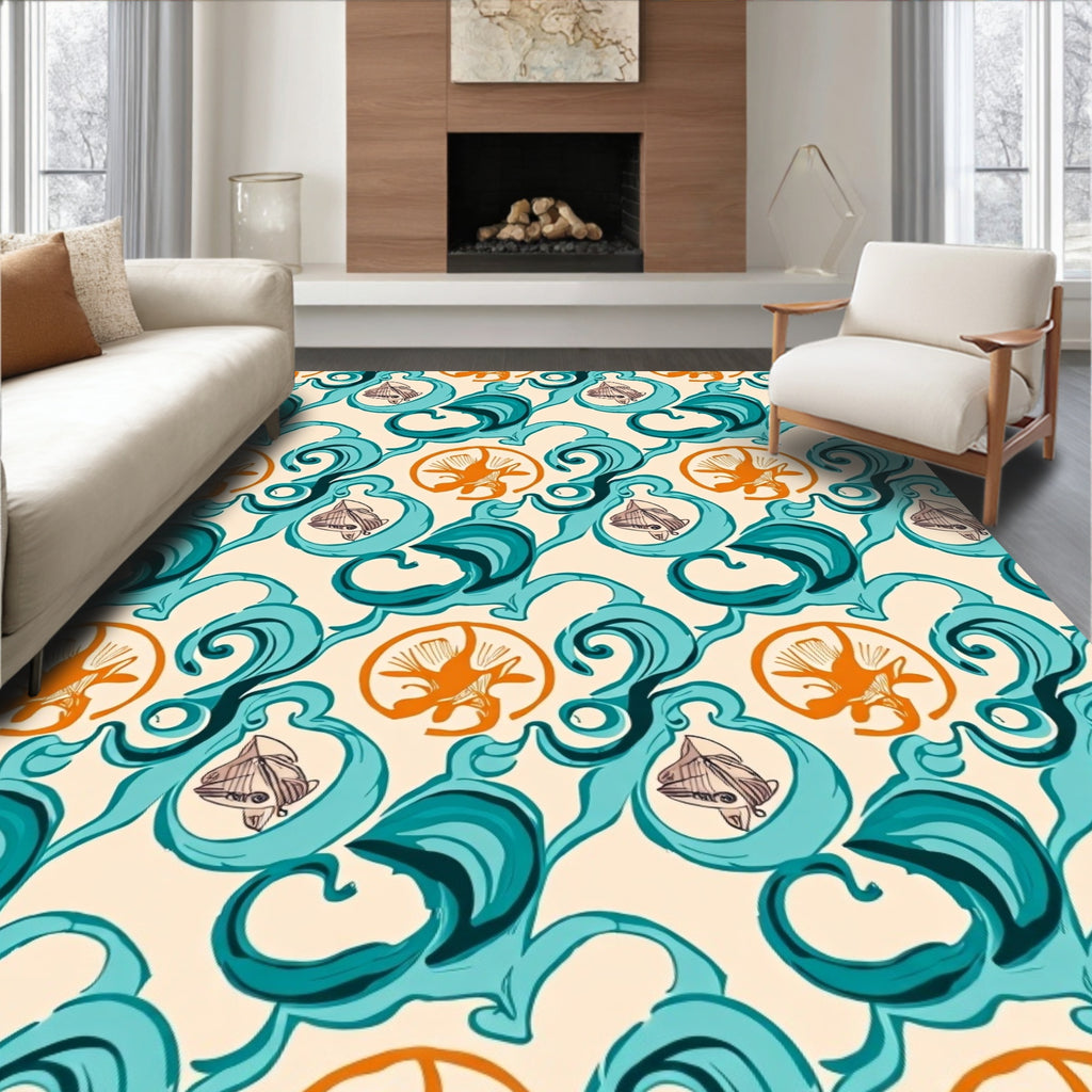 Retro Aqua Orange Seashell Swirl Rug