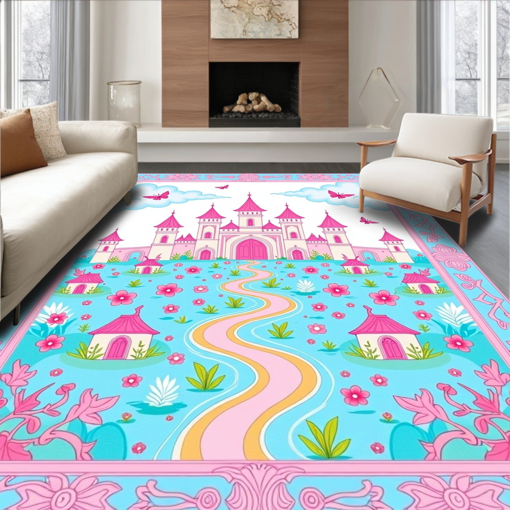 Fantasy Pink Castle Meadow Butterflies Rug