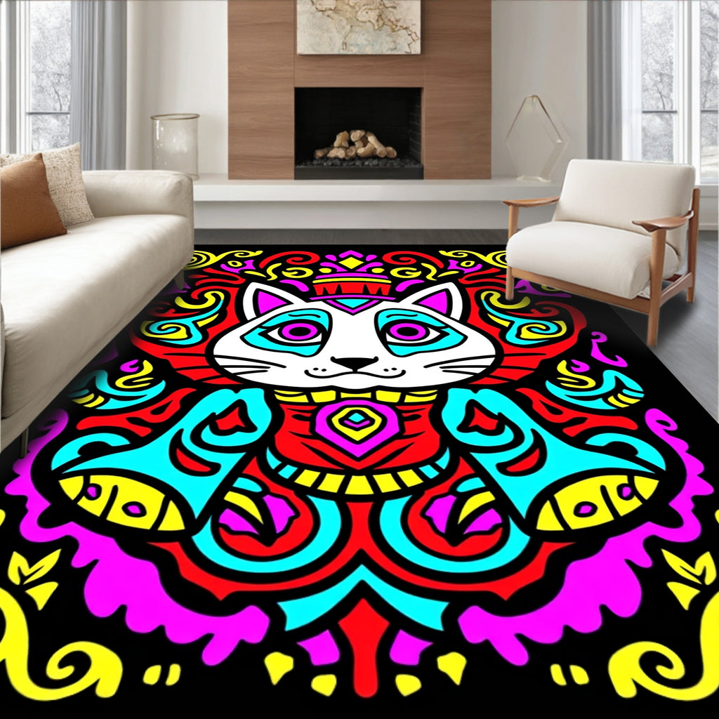 Vibrant King Cat Psychedelic Swirls Rug