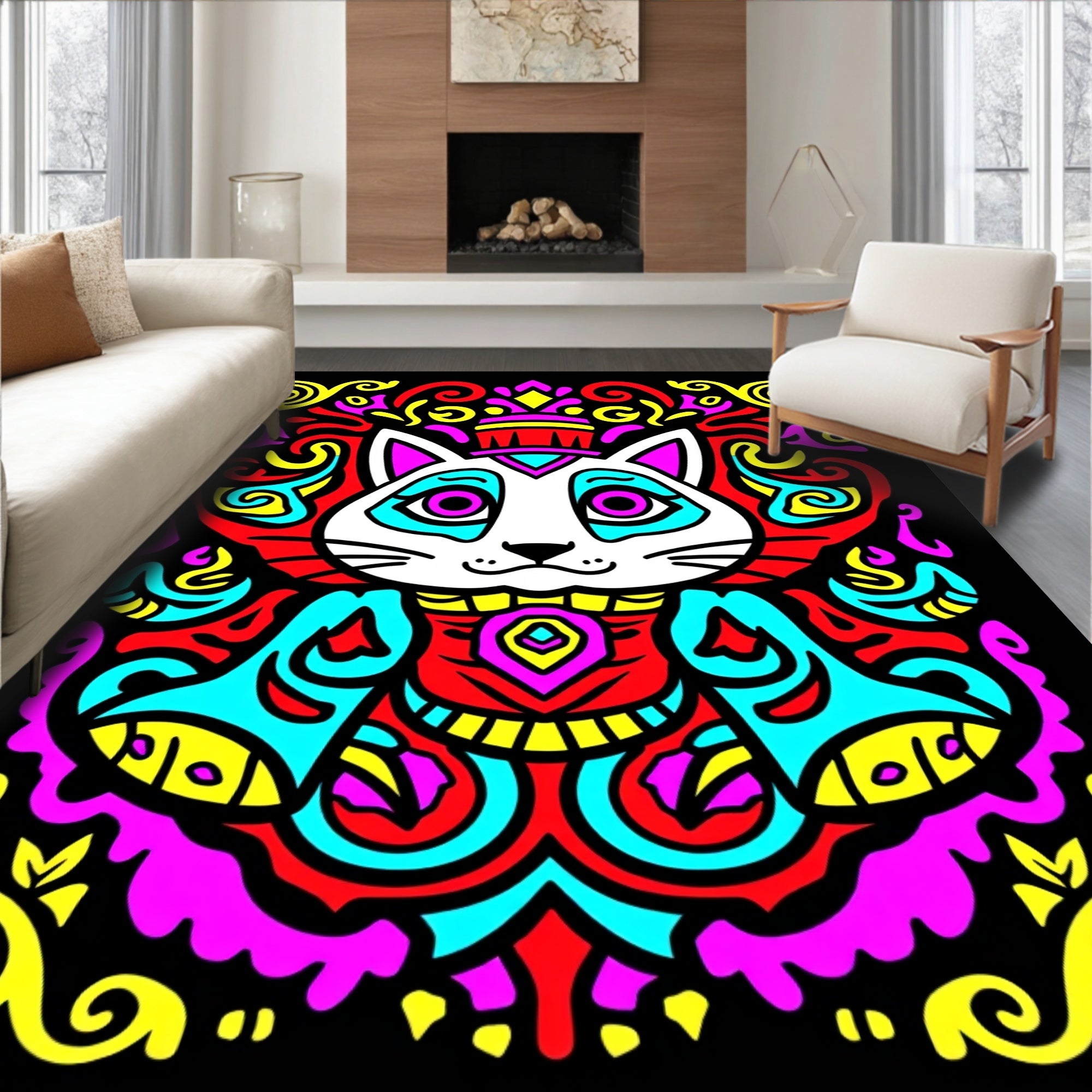 Vibrant King Cat Psychedelic Swirls Rug
