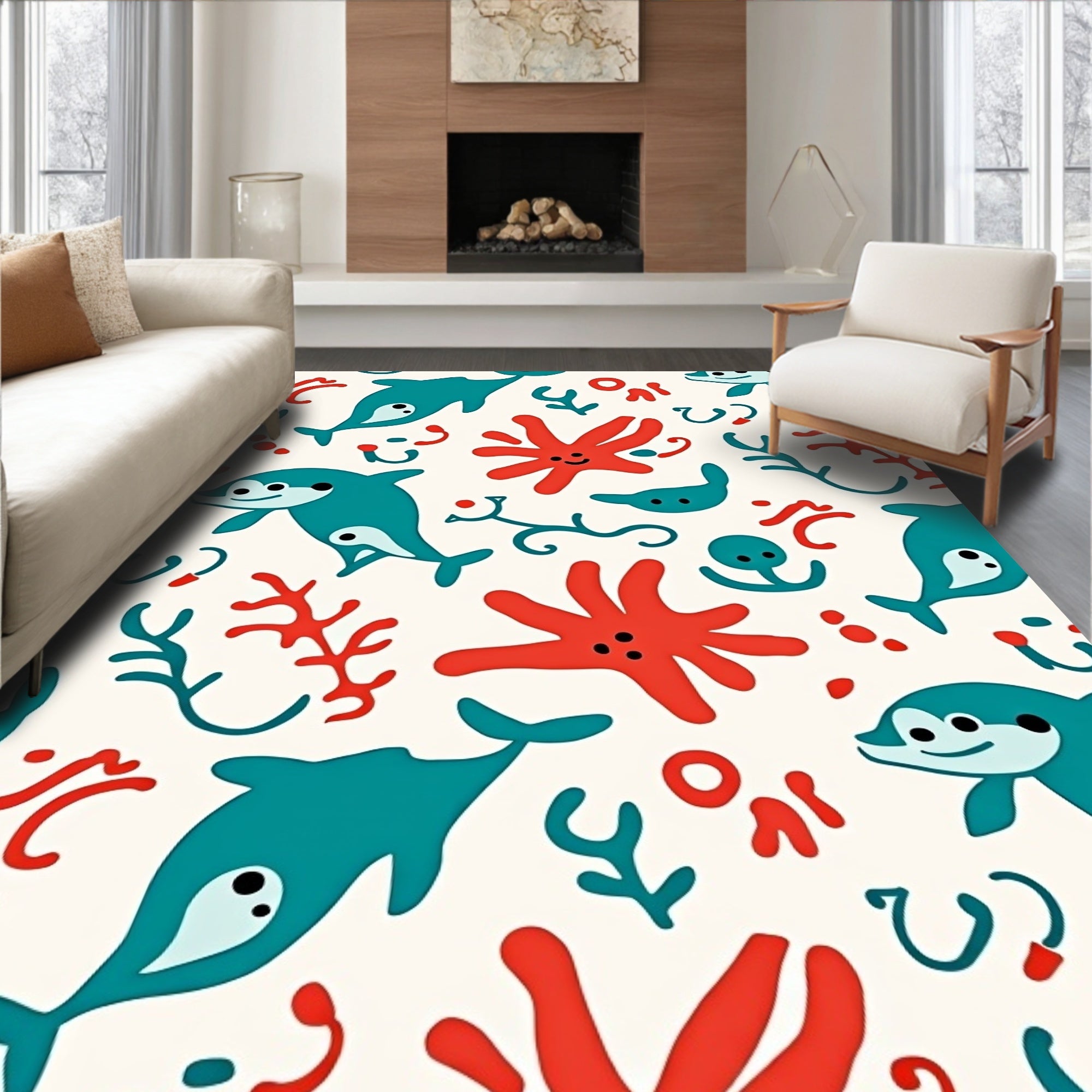 Cute Teal Dolphin Coral Sea Life Rug