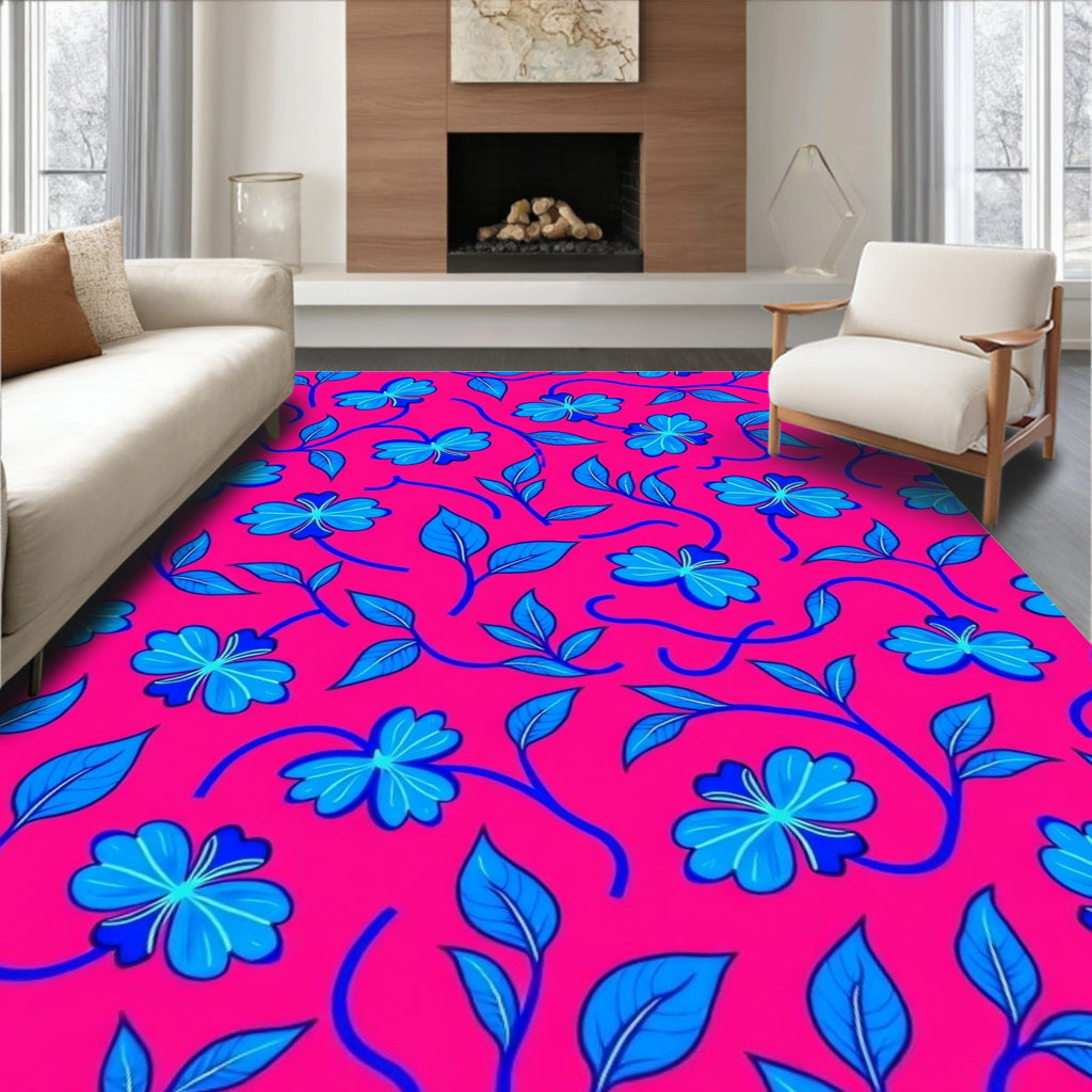 Vibrant Fuchsia Blue Floral Vines Rug