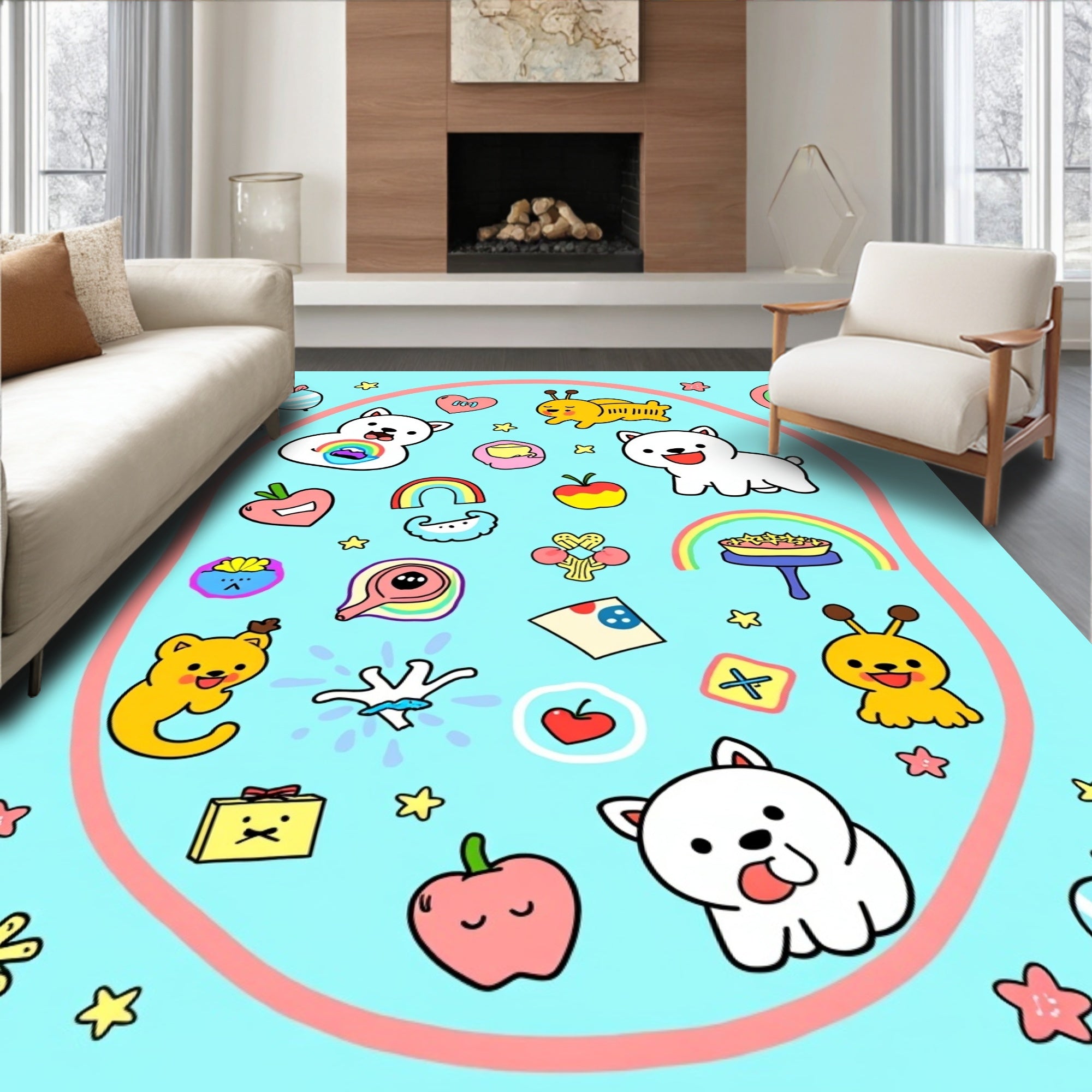 Cute Cartoon Dog Rainbow Apple Heart Rug
