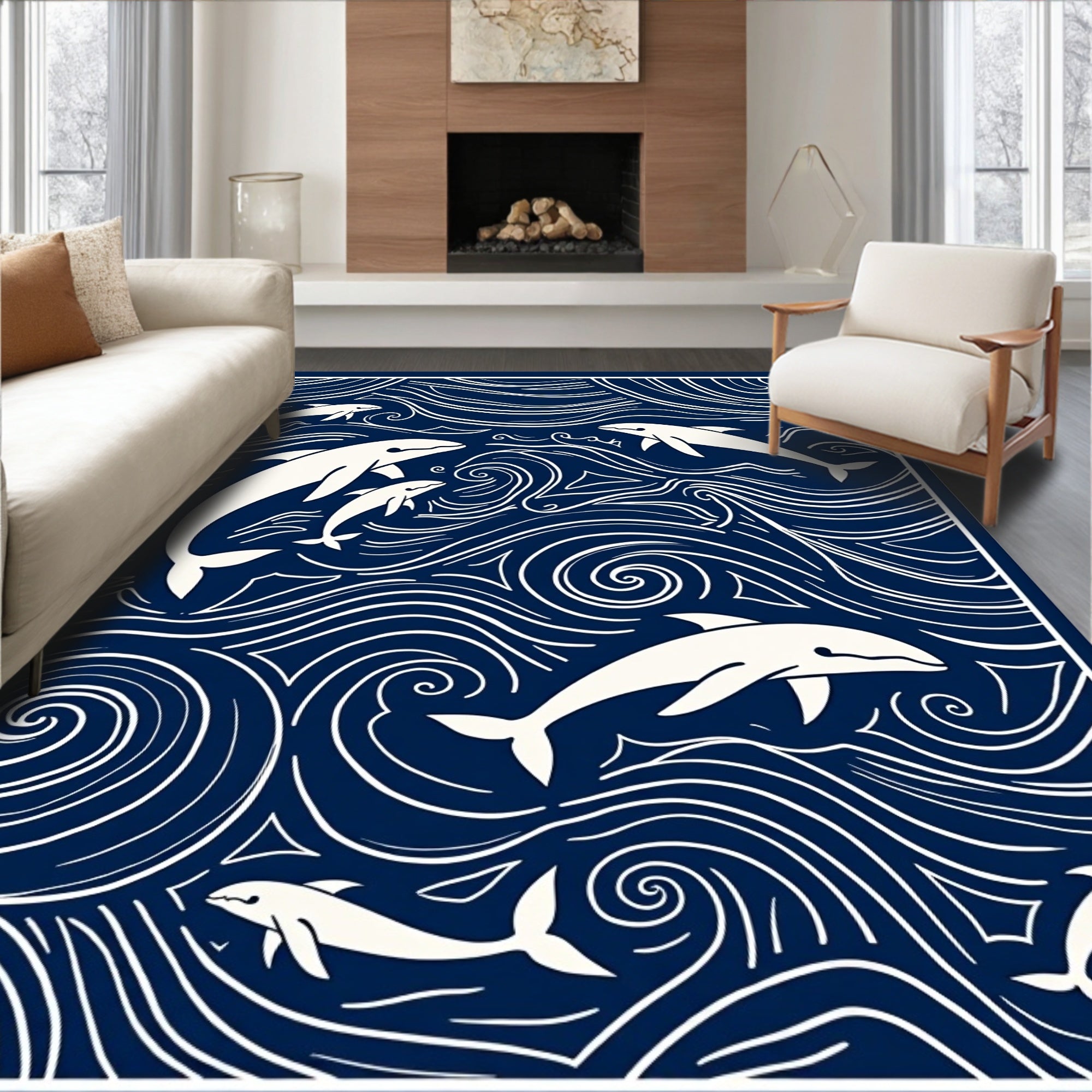 Navy White Dolphin Ocean Swirls Rug