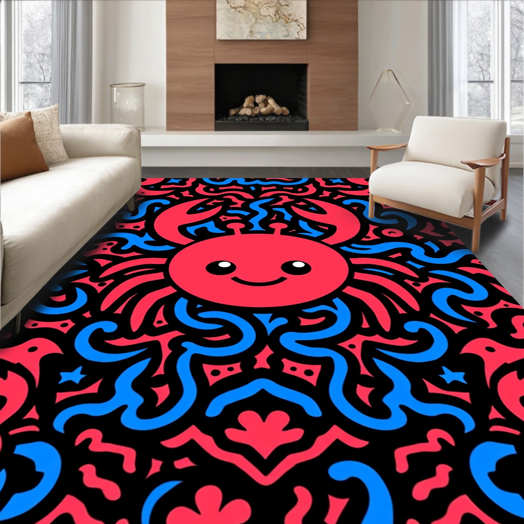 Whimsical Red Blue Crab Swirls Rug