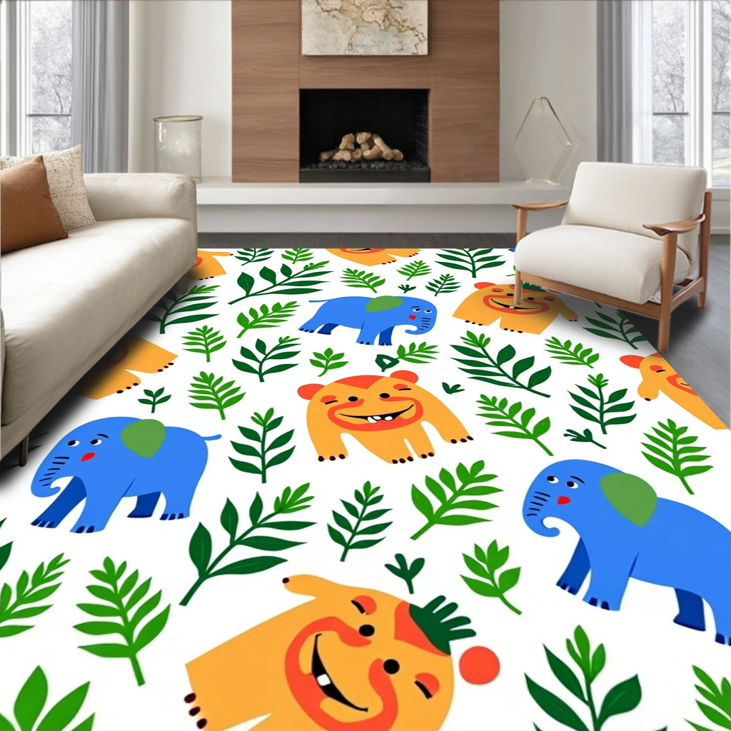 Playful Blue Elephant Yellow Creature Jungle Rug